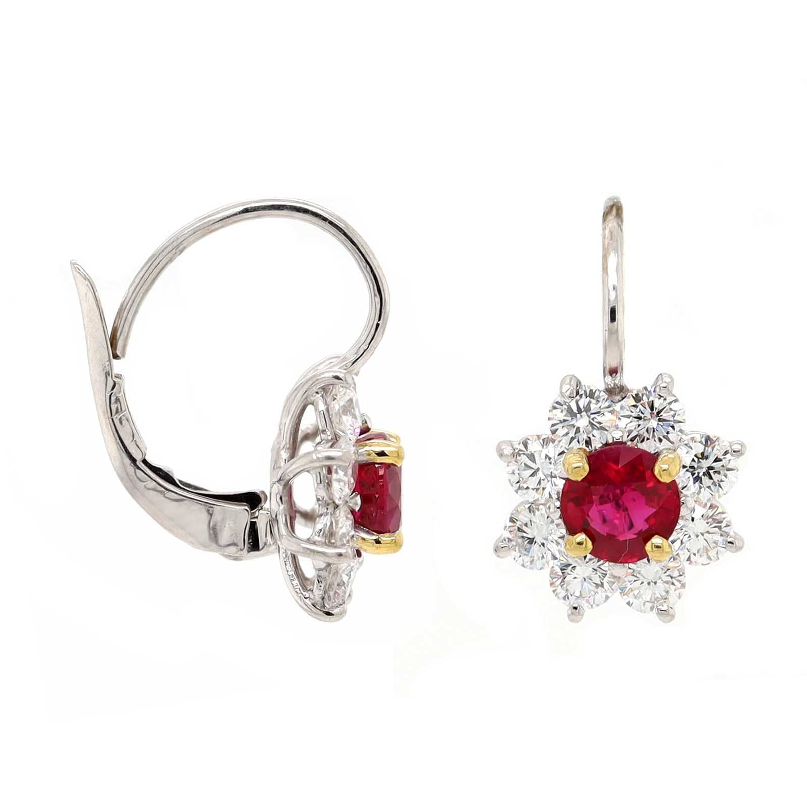 Platinum and 18K Yellow Gold Round Ruby and Diamond Halo Dangle Earrings
