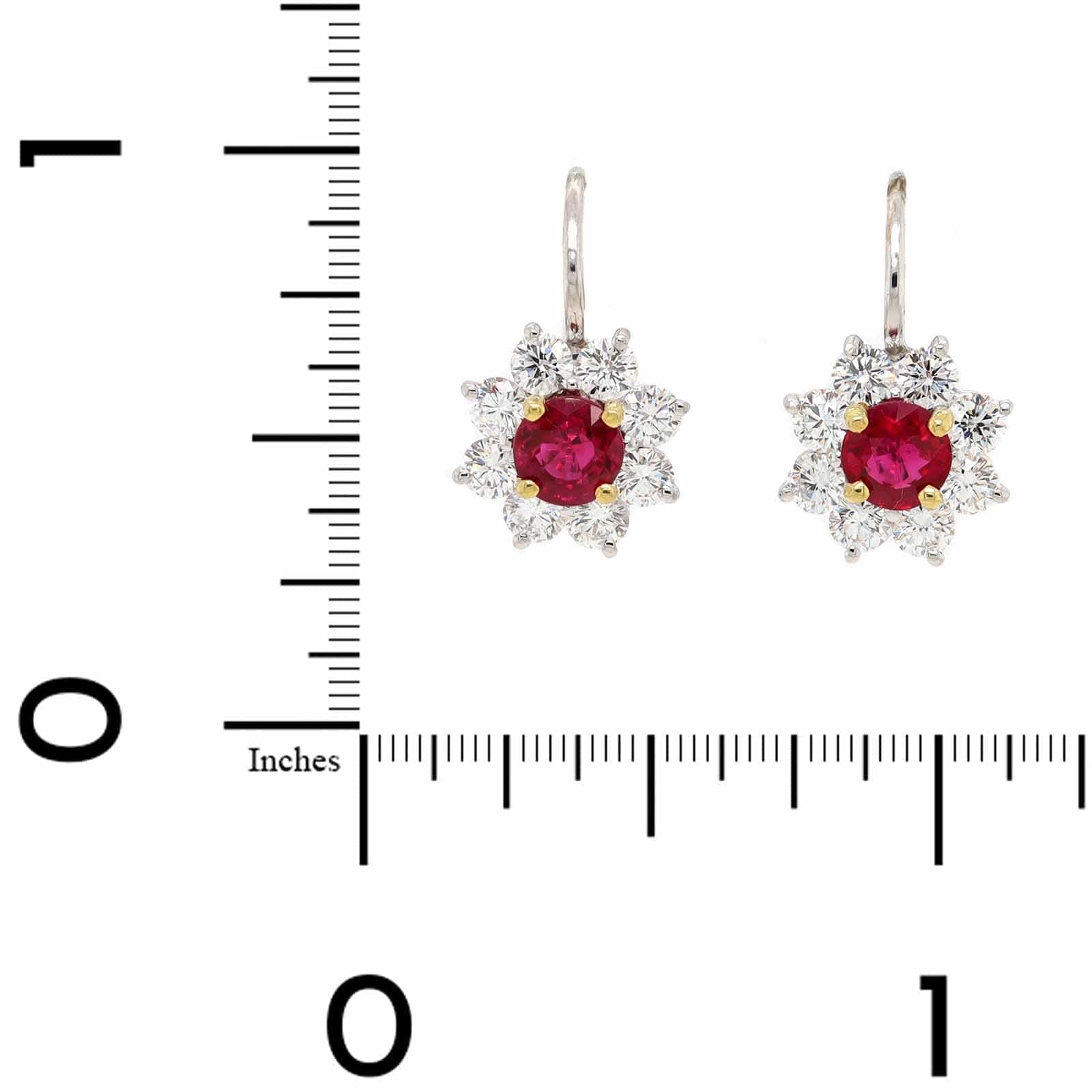 Platinum and 18K Yellow Gold Round Ruby and Diamond Halo Dangle Earrings - Image 2