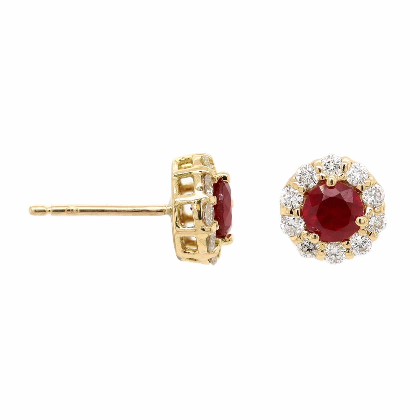 18K Yellow Gold Round Ruby and Diamond Halo Stud Earrings