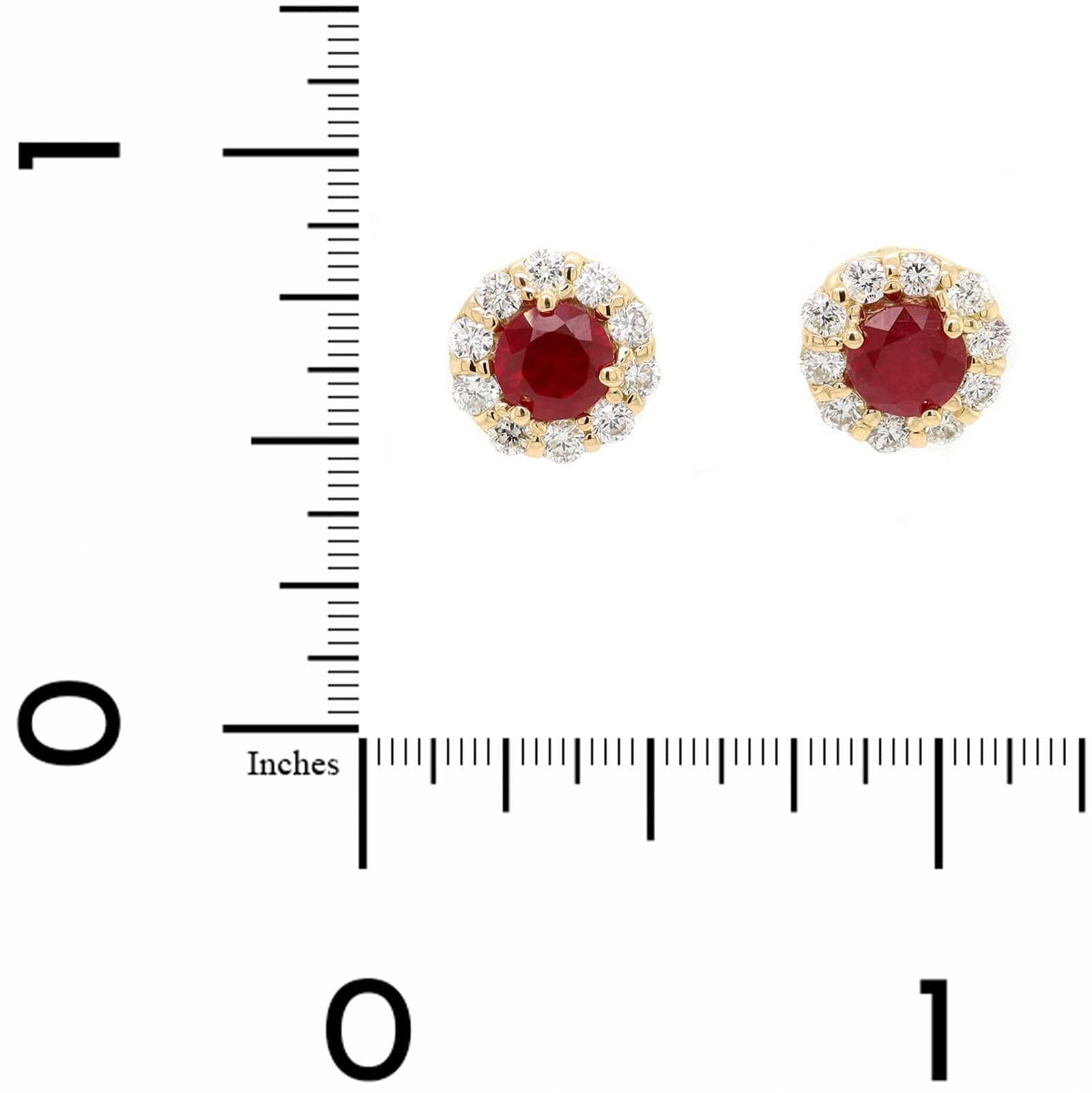 18K Yellow Gold Round Ruby and Diamond Halo Stud Earrings - Image 2