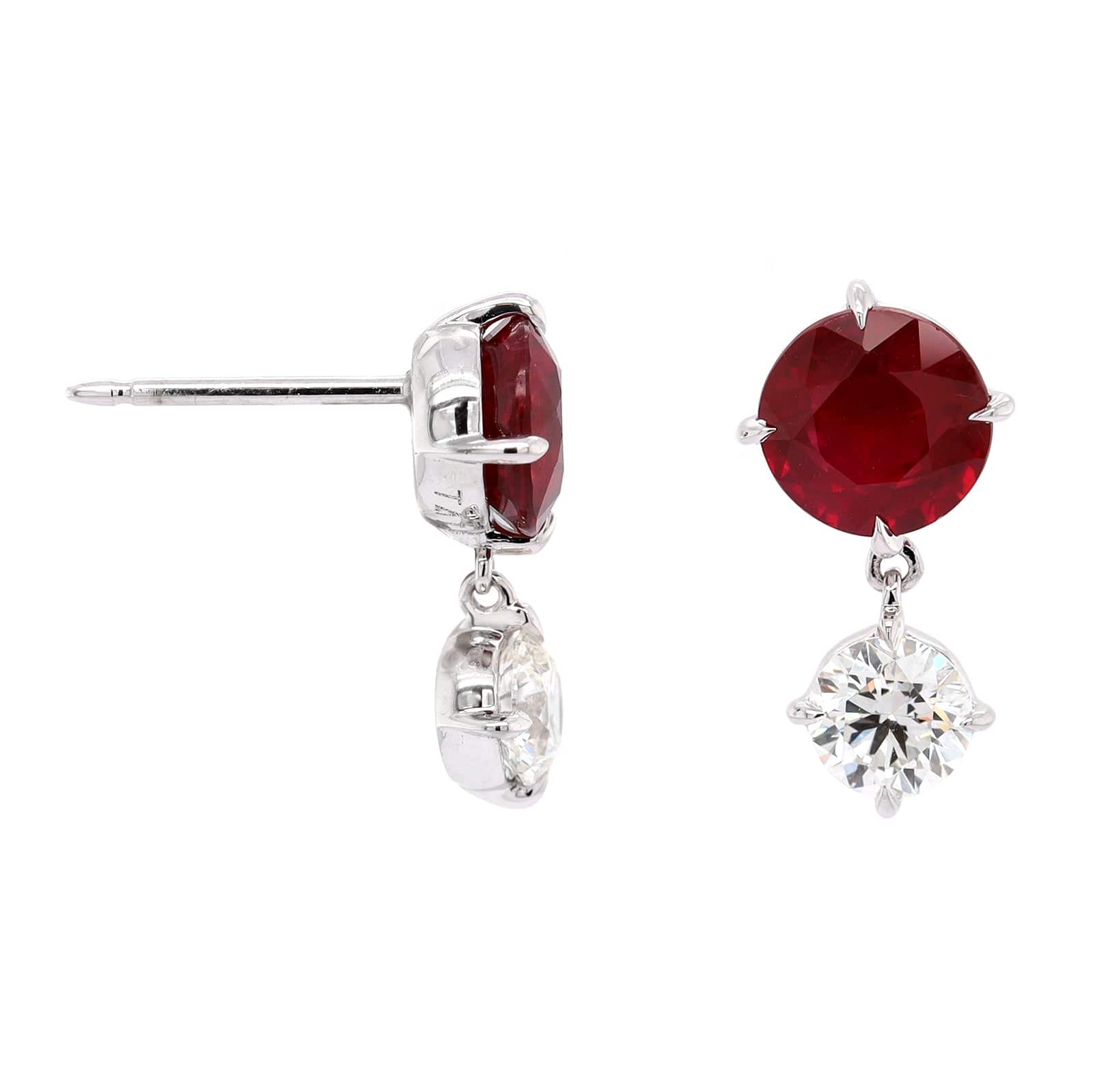 18K White Gold Round Ruby and Diamond Drop Earrings