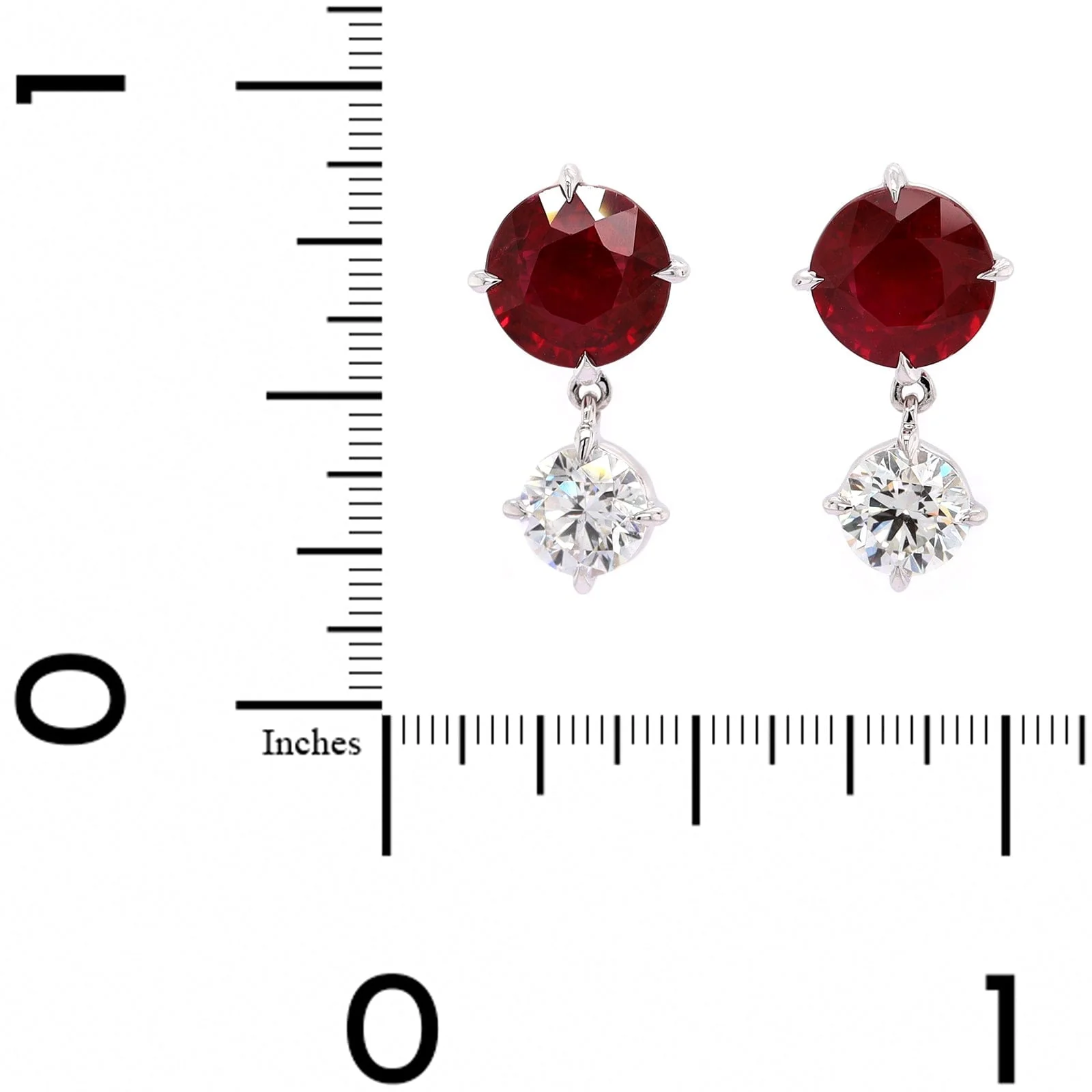 18K White Gold Round Ruby and Diamond Drop Earrings - Image 2