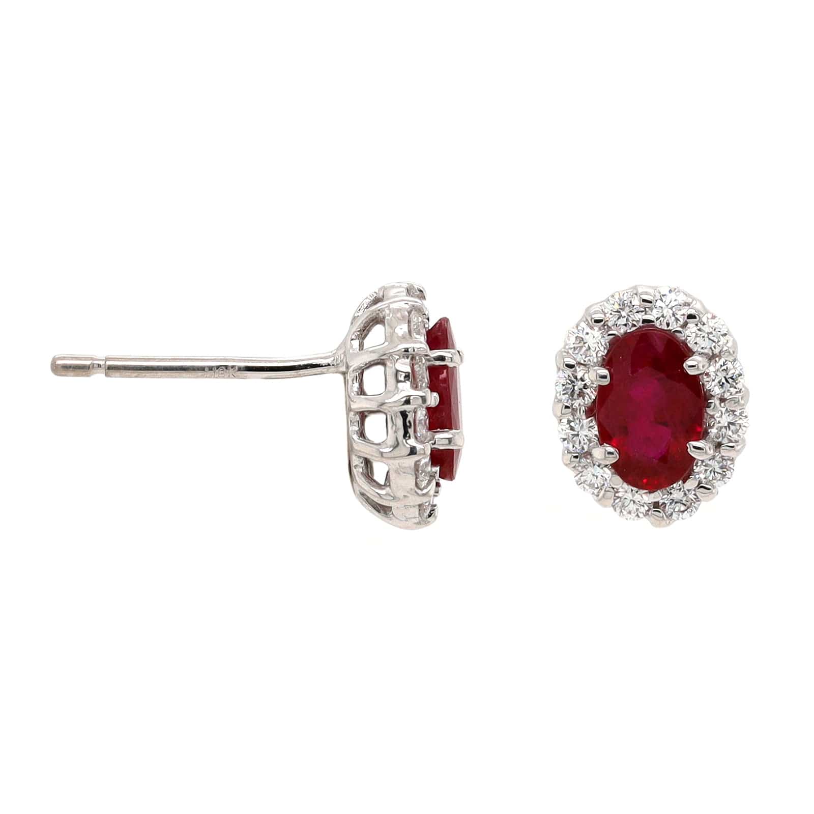 18K White Gold Oval Ruby and Diamond Halo Stud Earrings