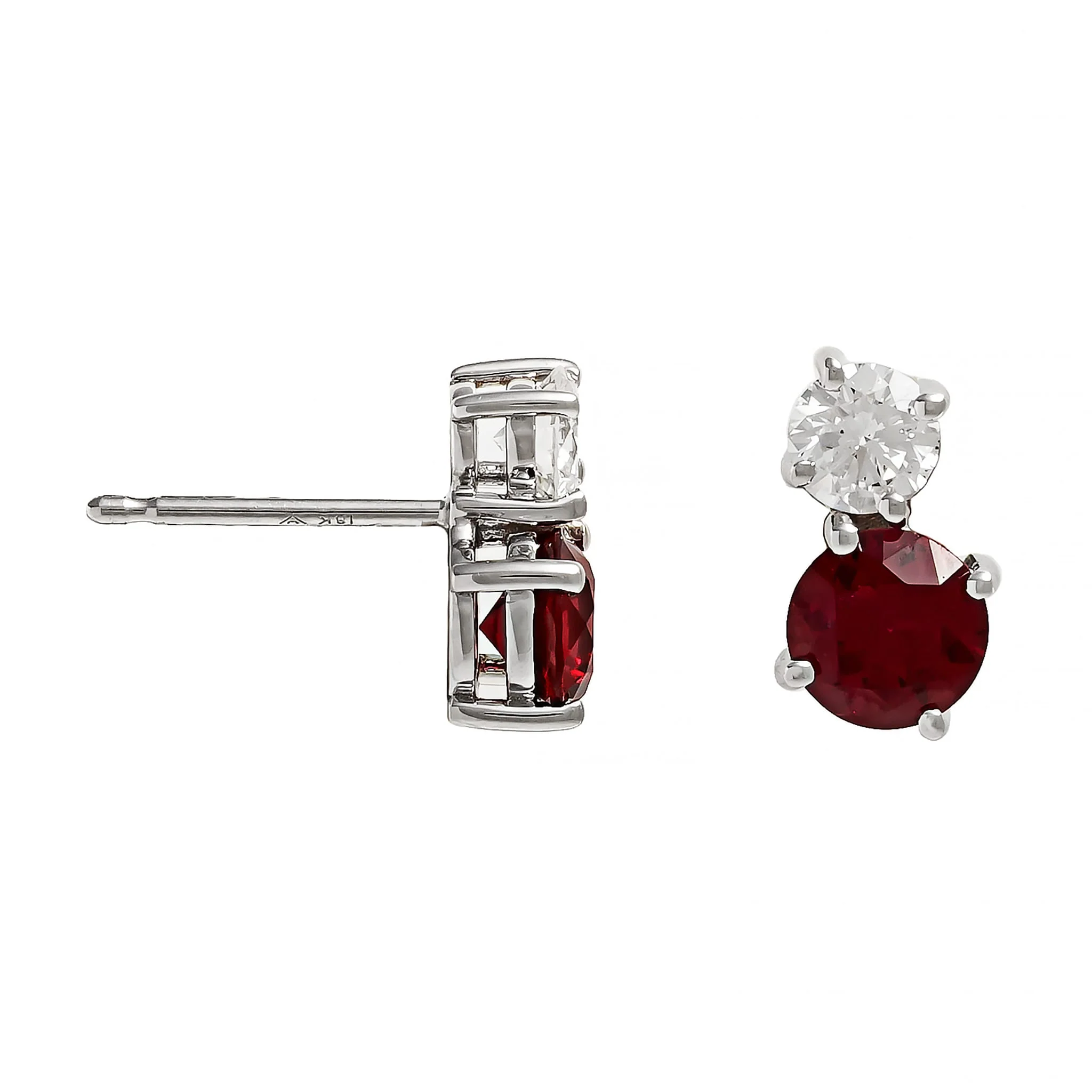 18K White Gold 2 Stone Diamond and Ruby Stud Earrings