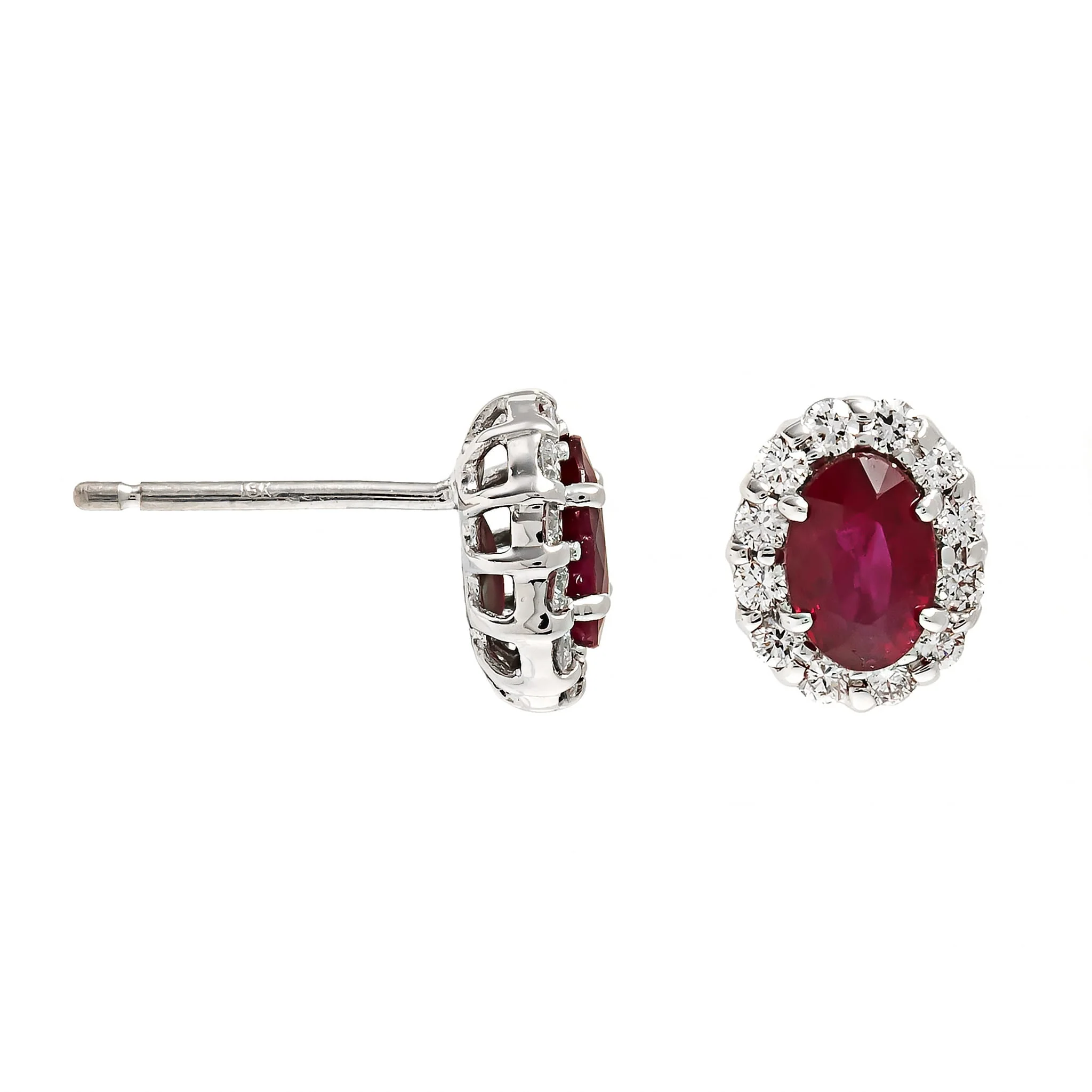 18K White Gold Oval Ruby and Diamond Halo Stud Earrings