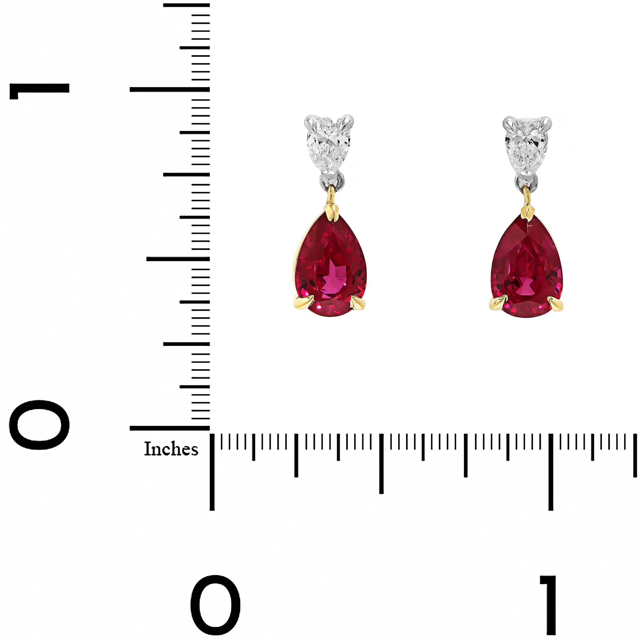 18K Yellow Gold and Platinum 2 Stone Diamond and Pear Shaped Ruby Drop Earrings - Image 2
