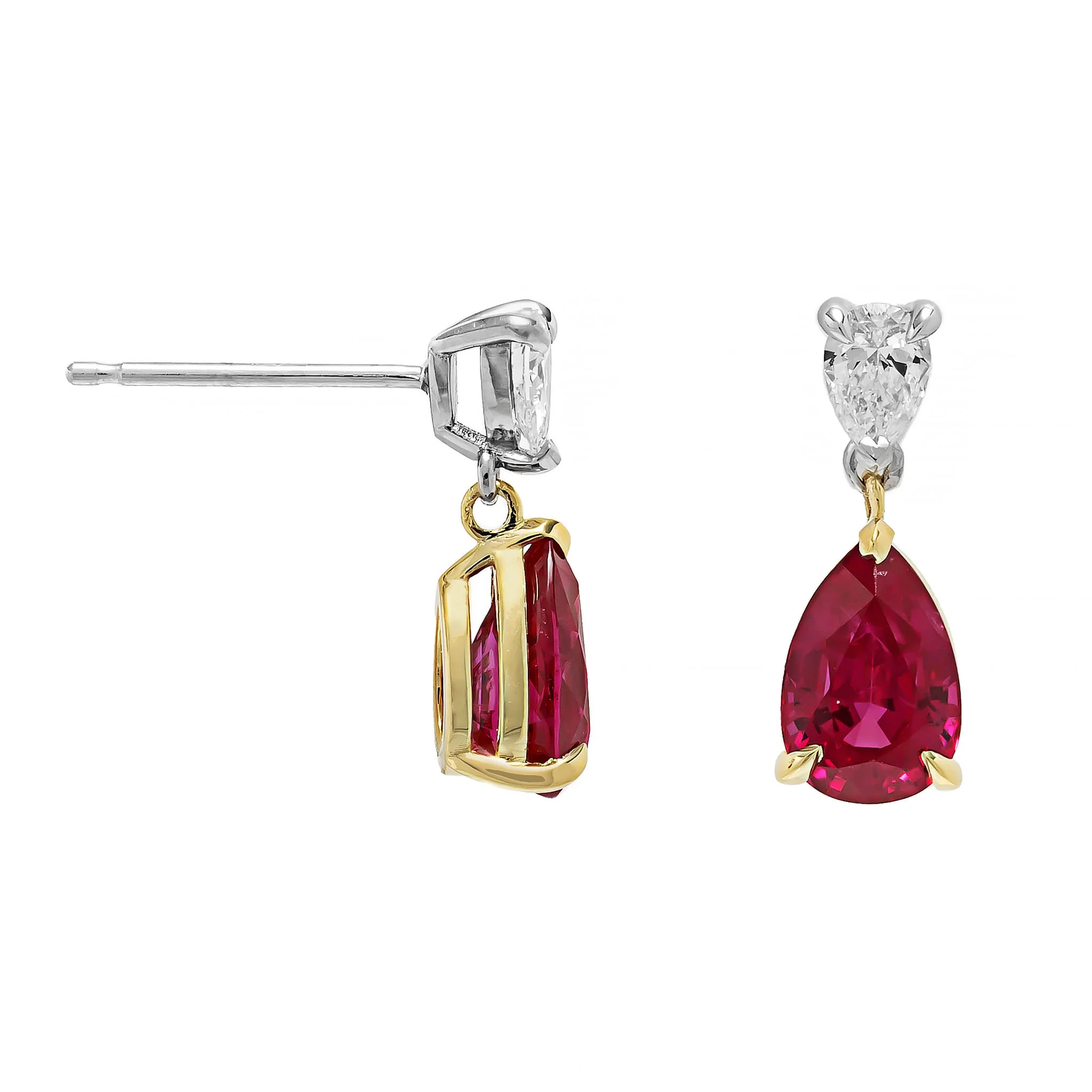 18K Yellow Gold and Platinum 2 Stone Diamond and Pear Shaped Ruby Drop Earrings - Image 3