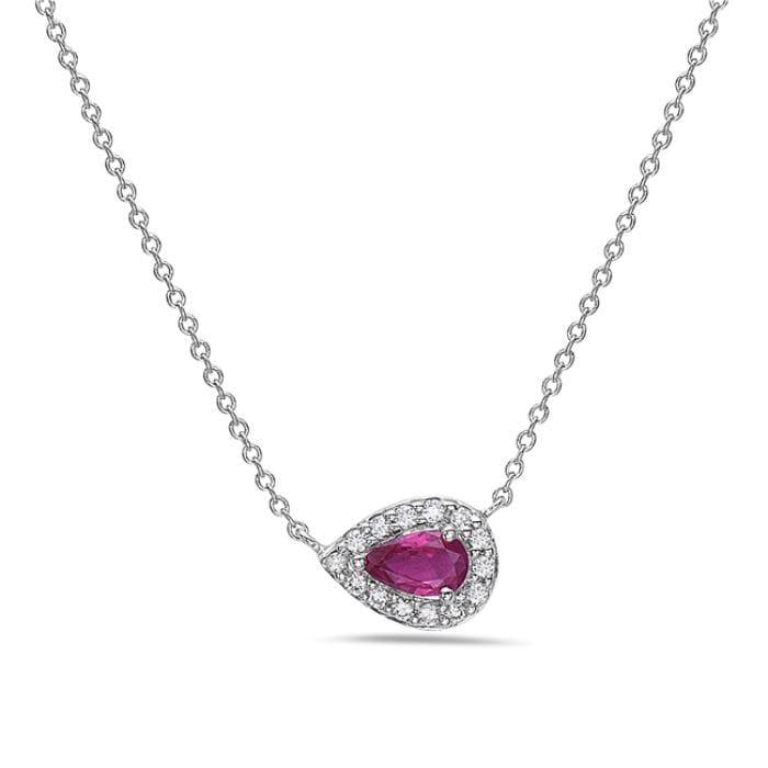 14K White Gold Ruby Diamond Halo Necklace