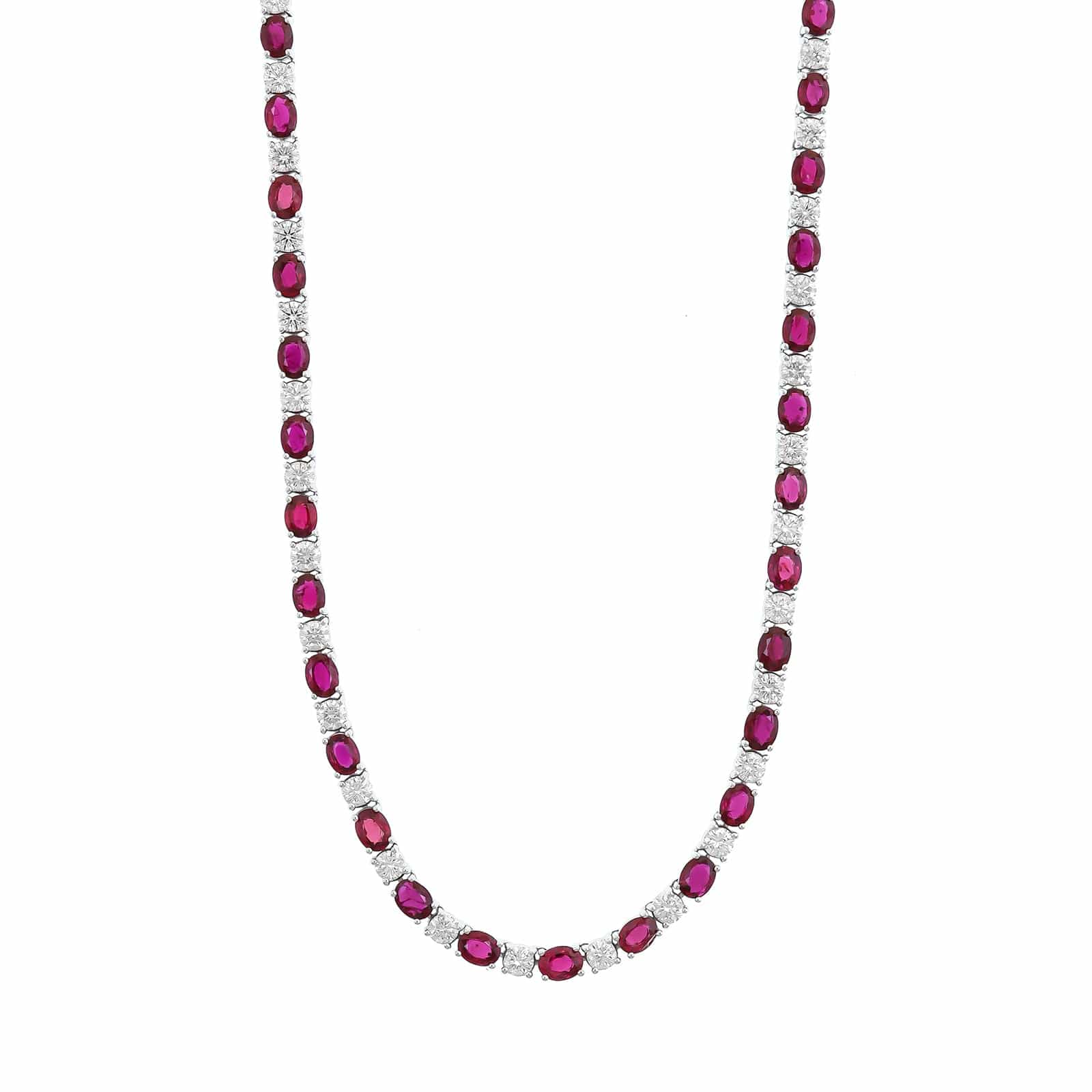 18K White Gold Alternating Oval Ruby and Round Diamond Necklace