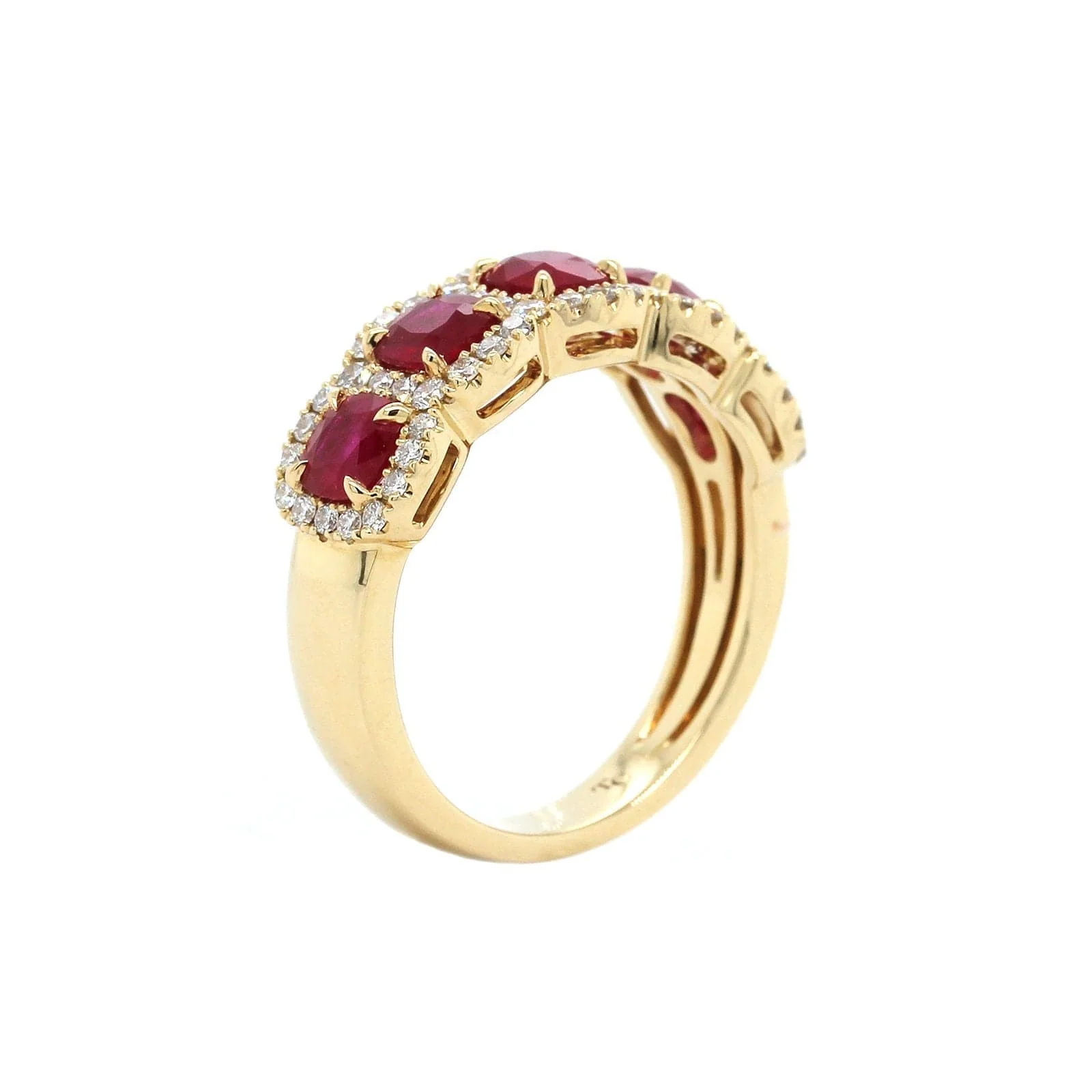 14K Yellow Gold 5 Stone Ruby and Diamond Halo Ring - Image 2
