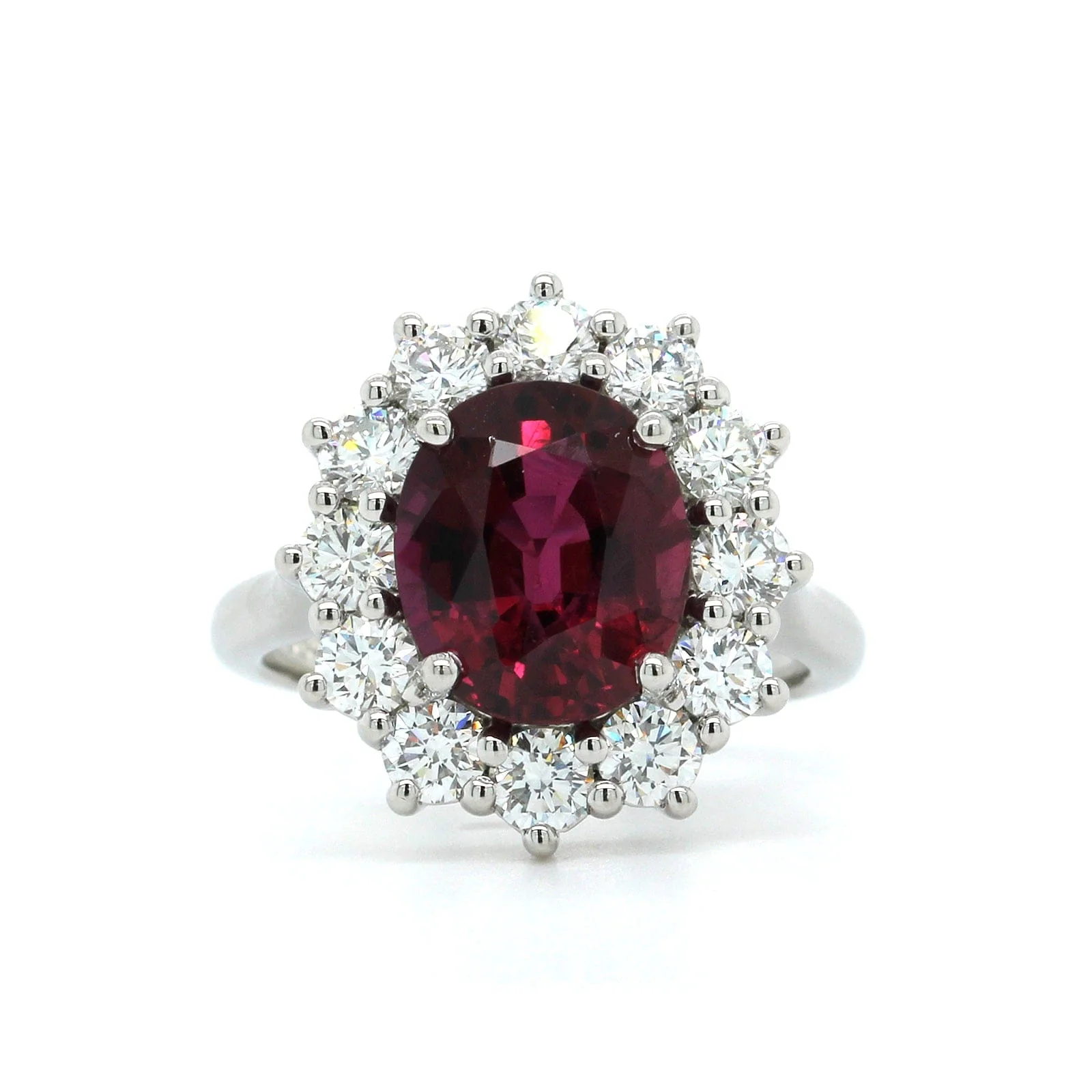 Platinum Oval Ruby Diamond Halo Ring