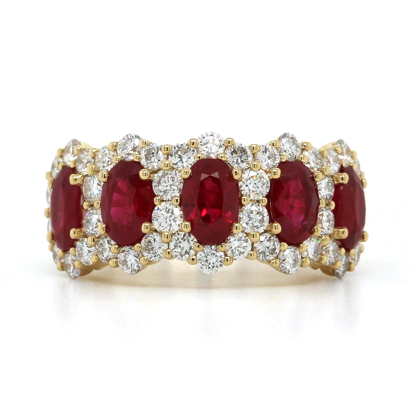 18K Yellow Gold 5 Stone Ruby Diamond Halo Band - Image 4