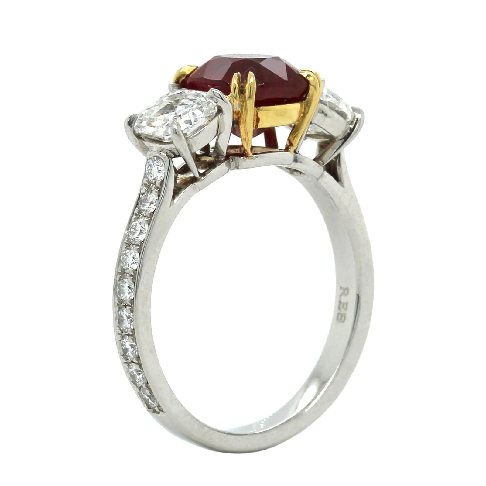 Platinum and 18K Yellow Gold 3 Stone Ruby Diamond Ring - Image 2