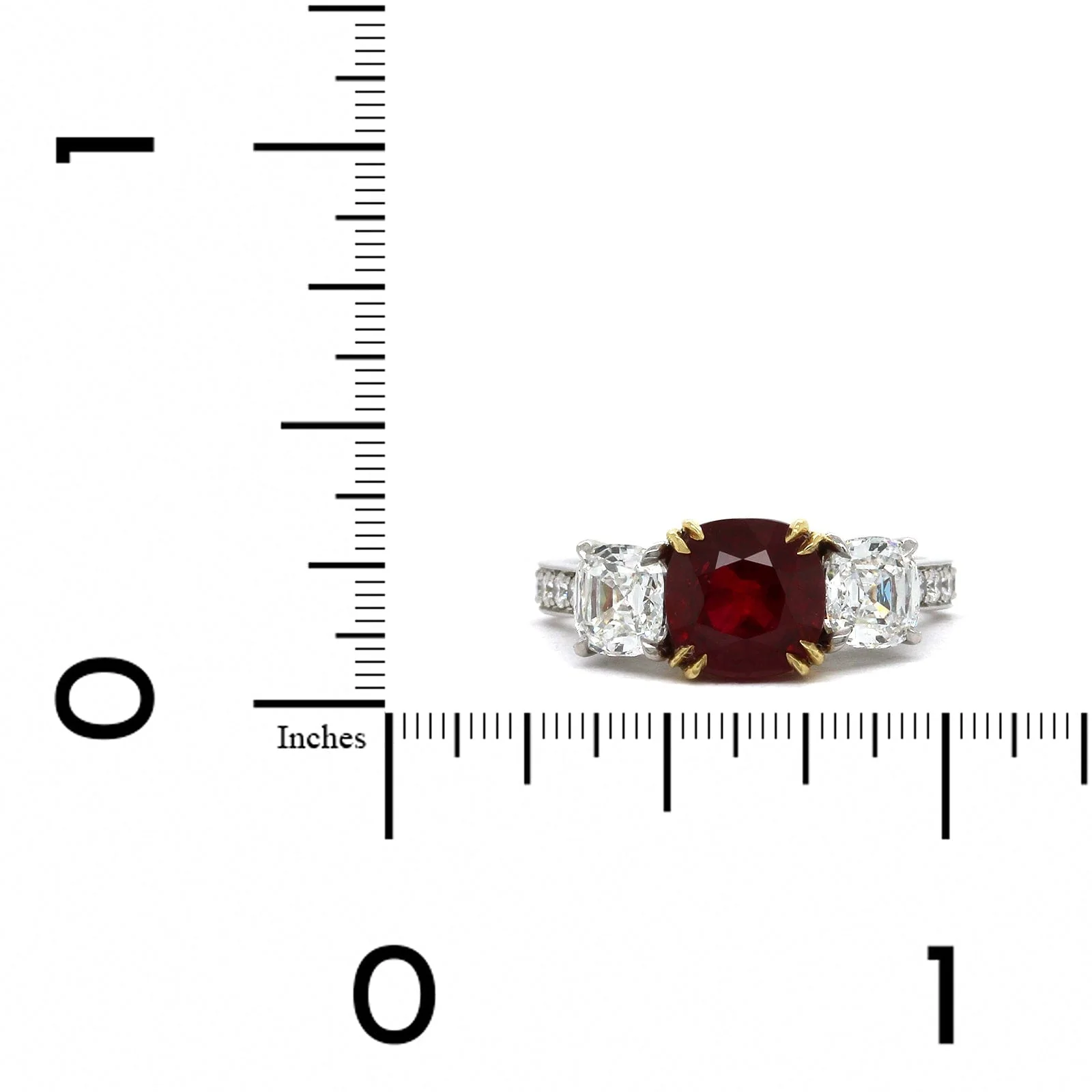Platinum and 18K Yellow Gold 3 Stone Ruby Diamond Ring - Image 3