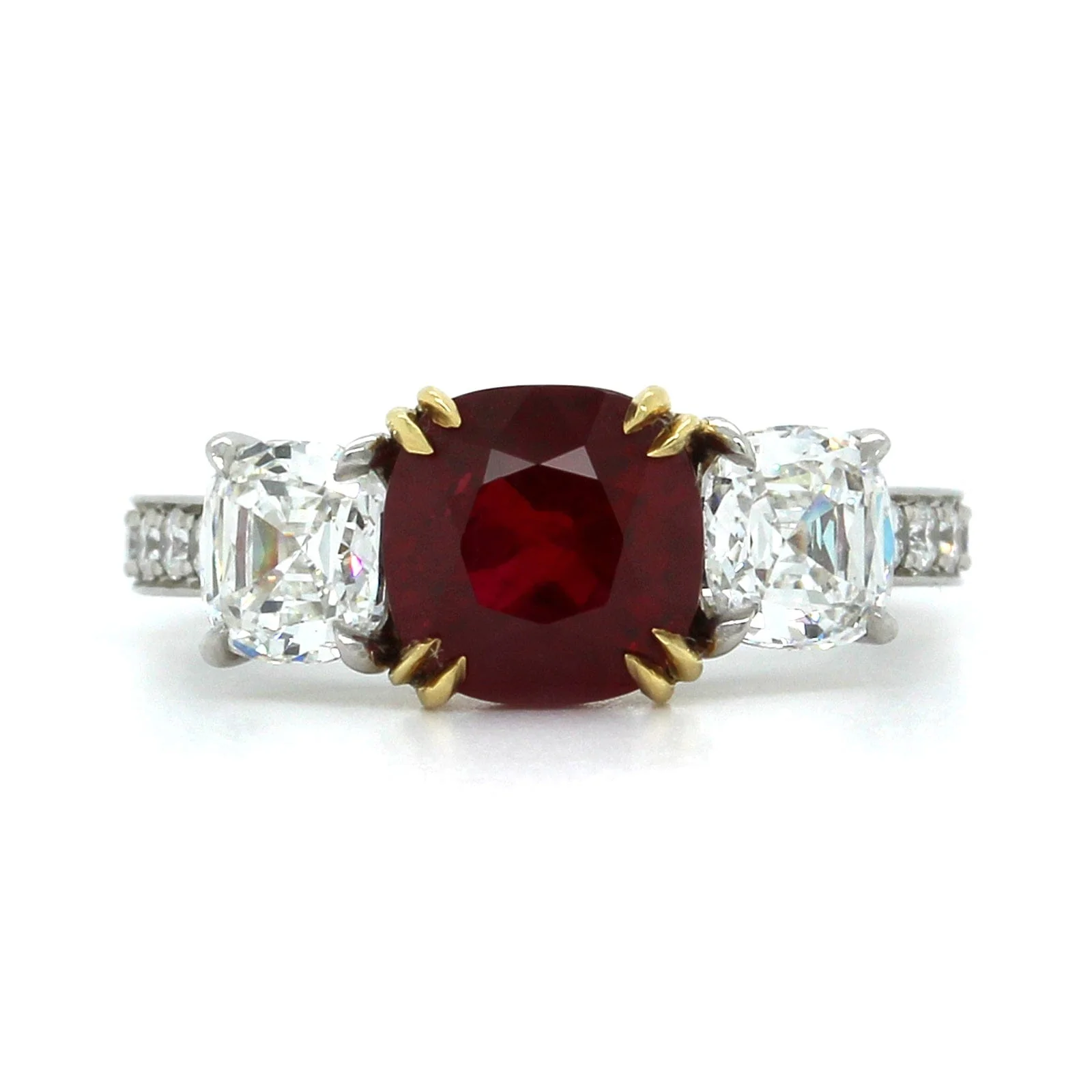 Platinum and 18K Yellow Gold 3 Stone Ruby Diamond Ring - Image 4