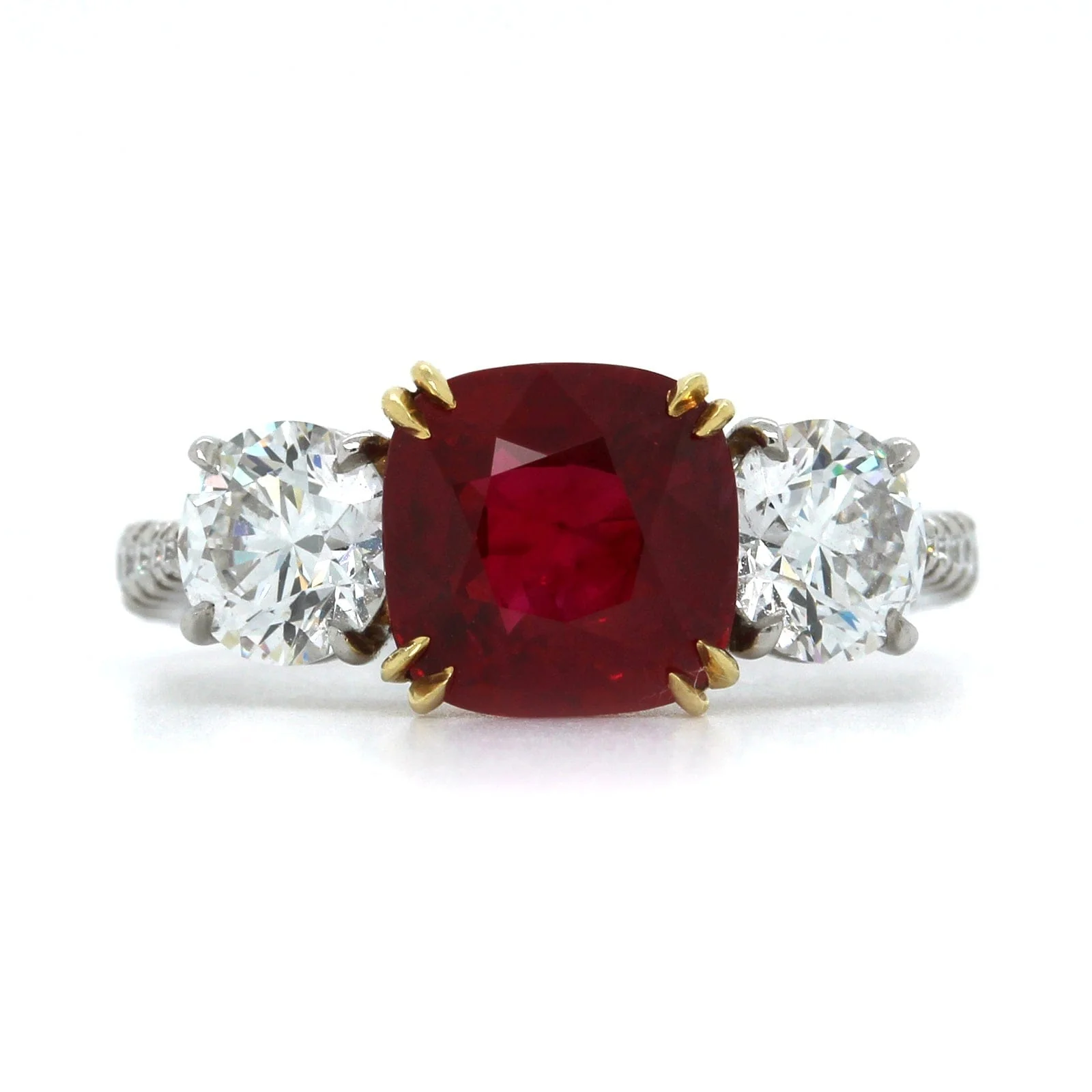 Platinum and 18K Yellow Gold Ruby and Diamond 3 Stone Ring