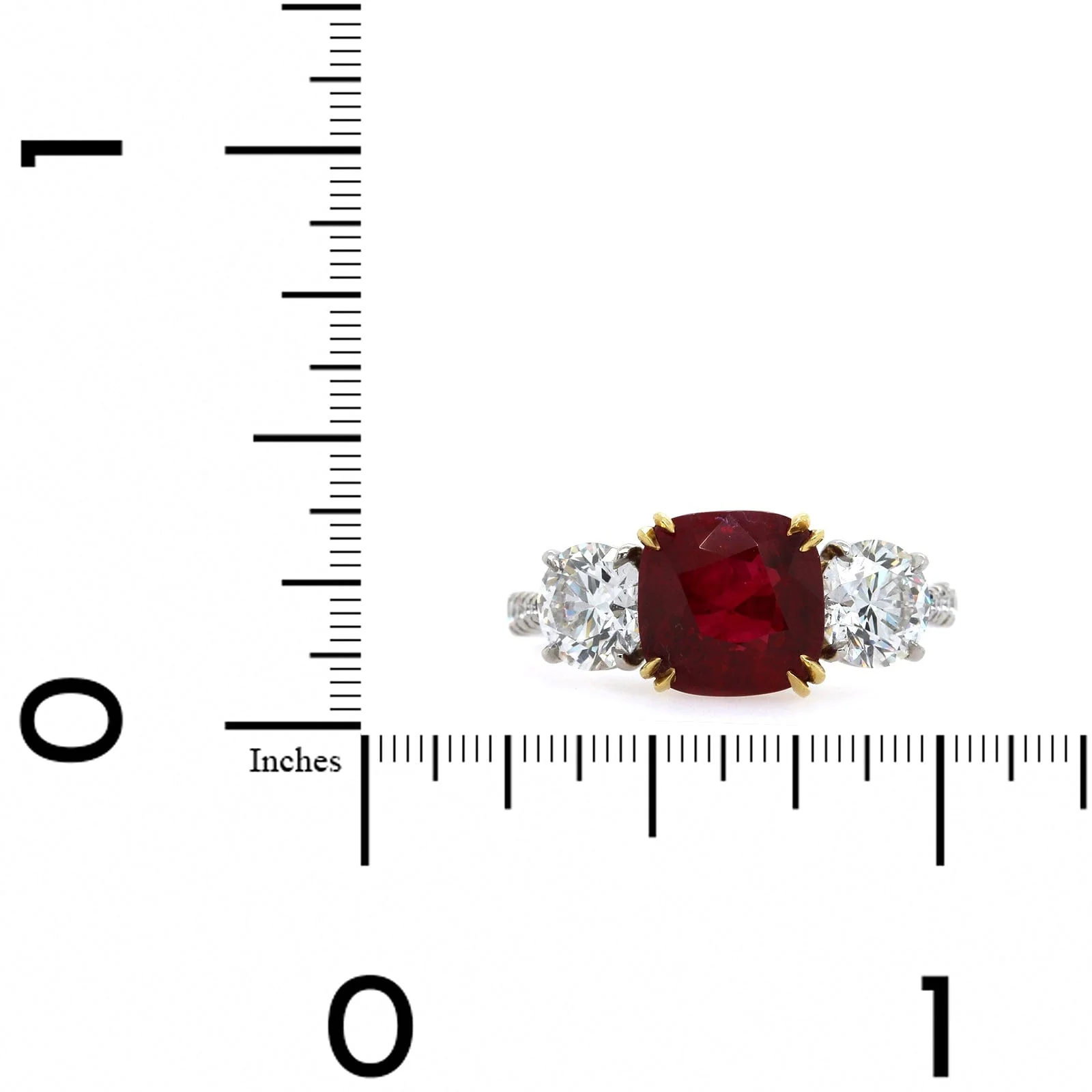 Platinum and 18K Yellow Gold Ruby and Diamond 3 Stone Ring - Image 3