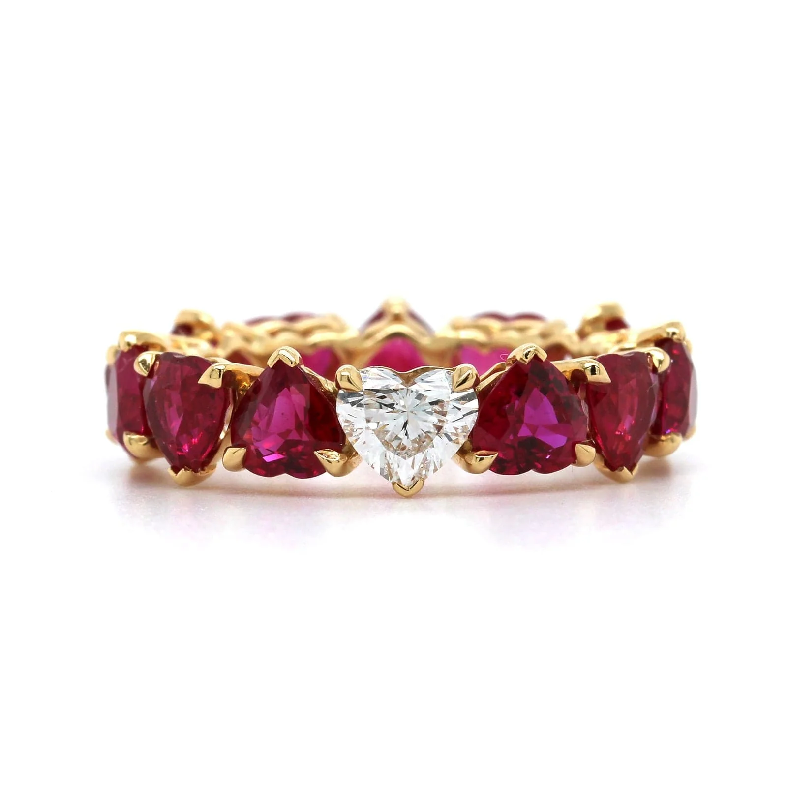 18K Yellow Gold Heart Shape Ruby and Diamond Band - Image 4