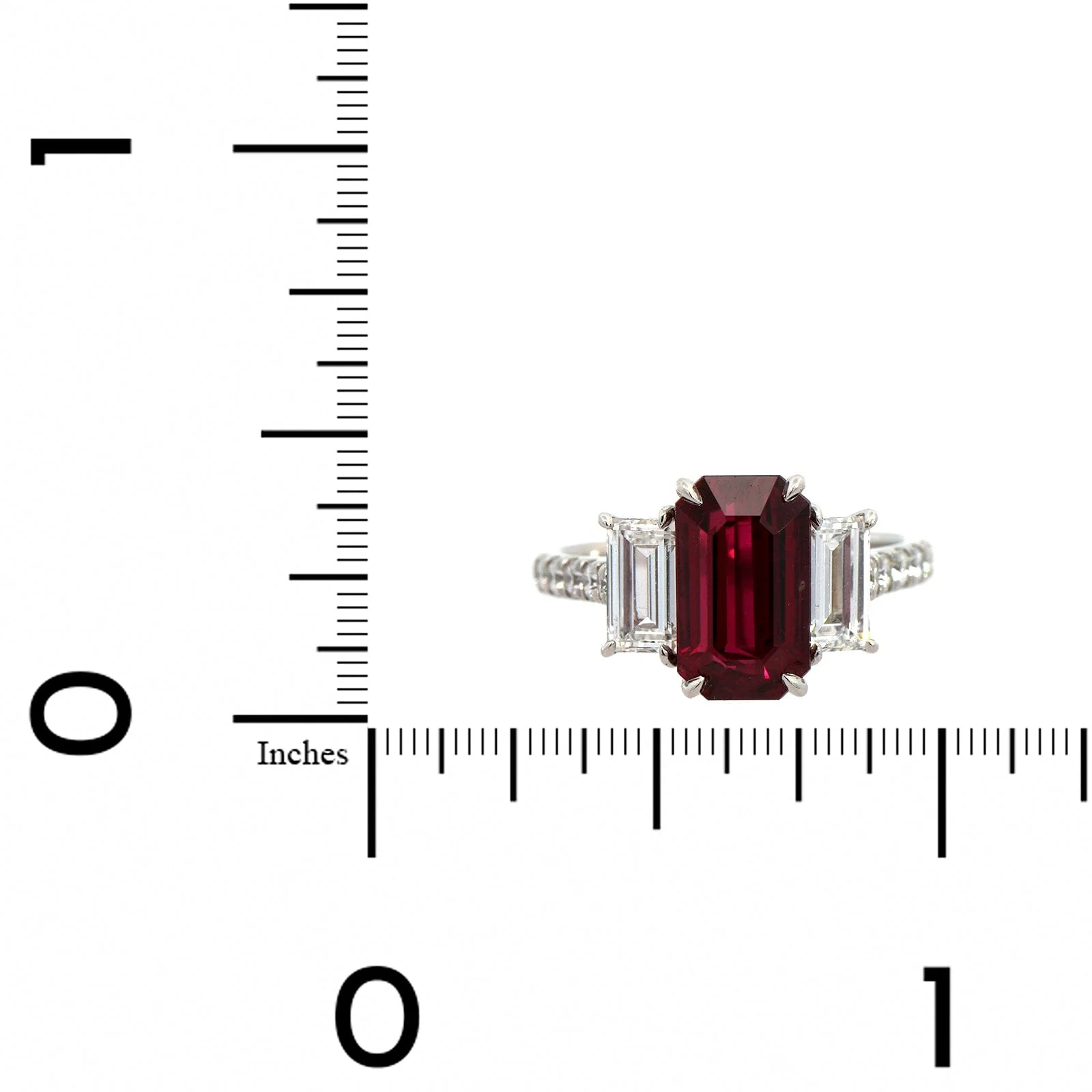 Platinum Emerald Cut Ruby and Diamond 3 Stone Ring - Image 3