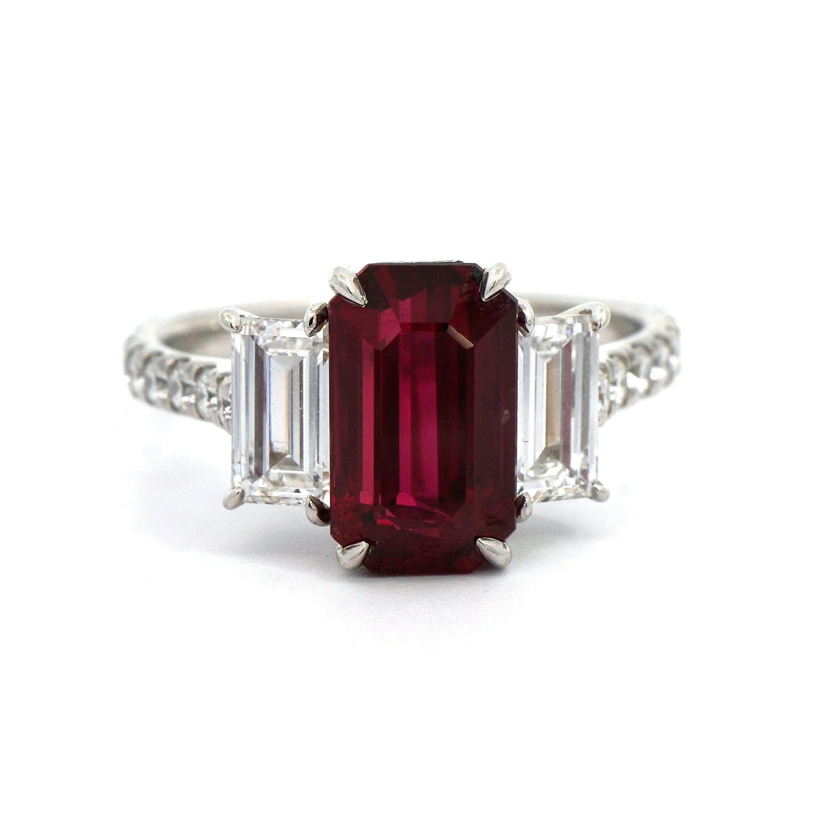 Platinum Emerald Cut Ruby and Diamond 3 Stone Ring - Image 4