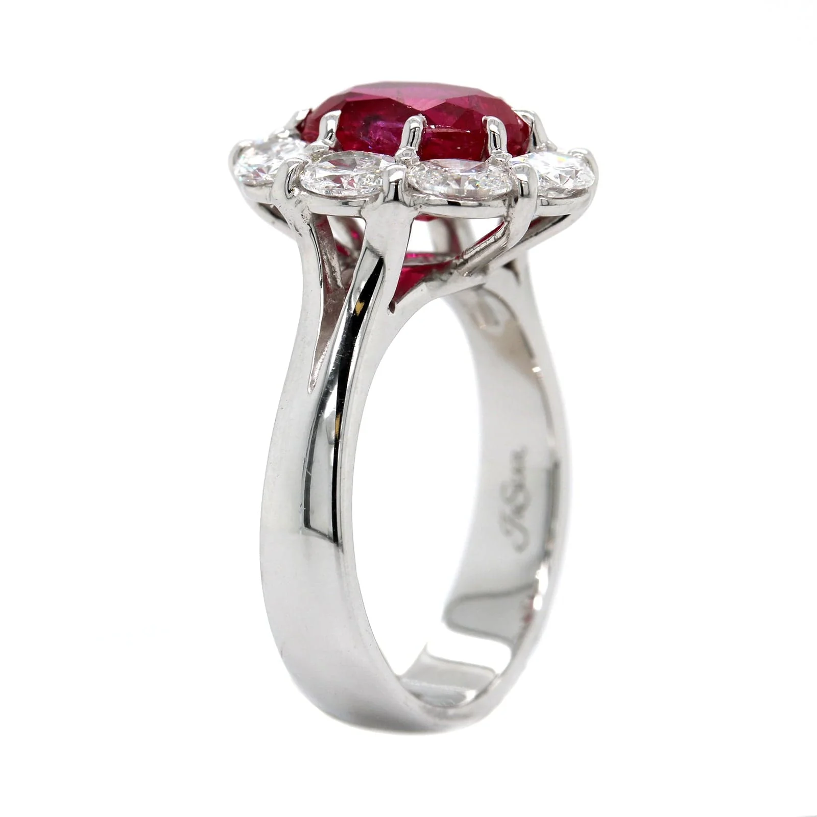 Platinum Oval Ruby and Diamond Halo Ring - Image 2