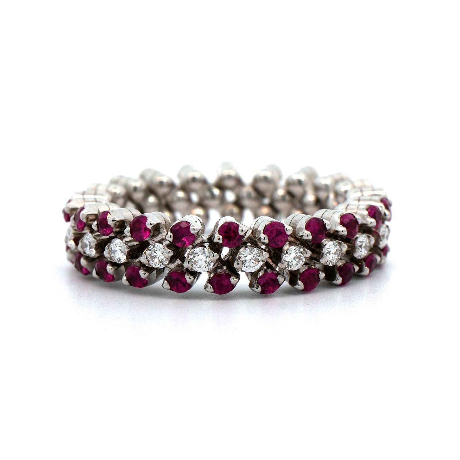 18K White Gold 3 Row Adjustable Diamond and Ruby Ring - Image 4