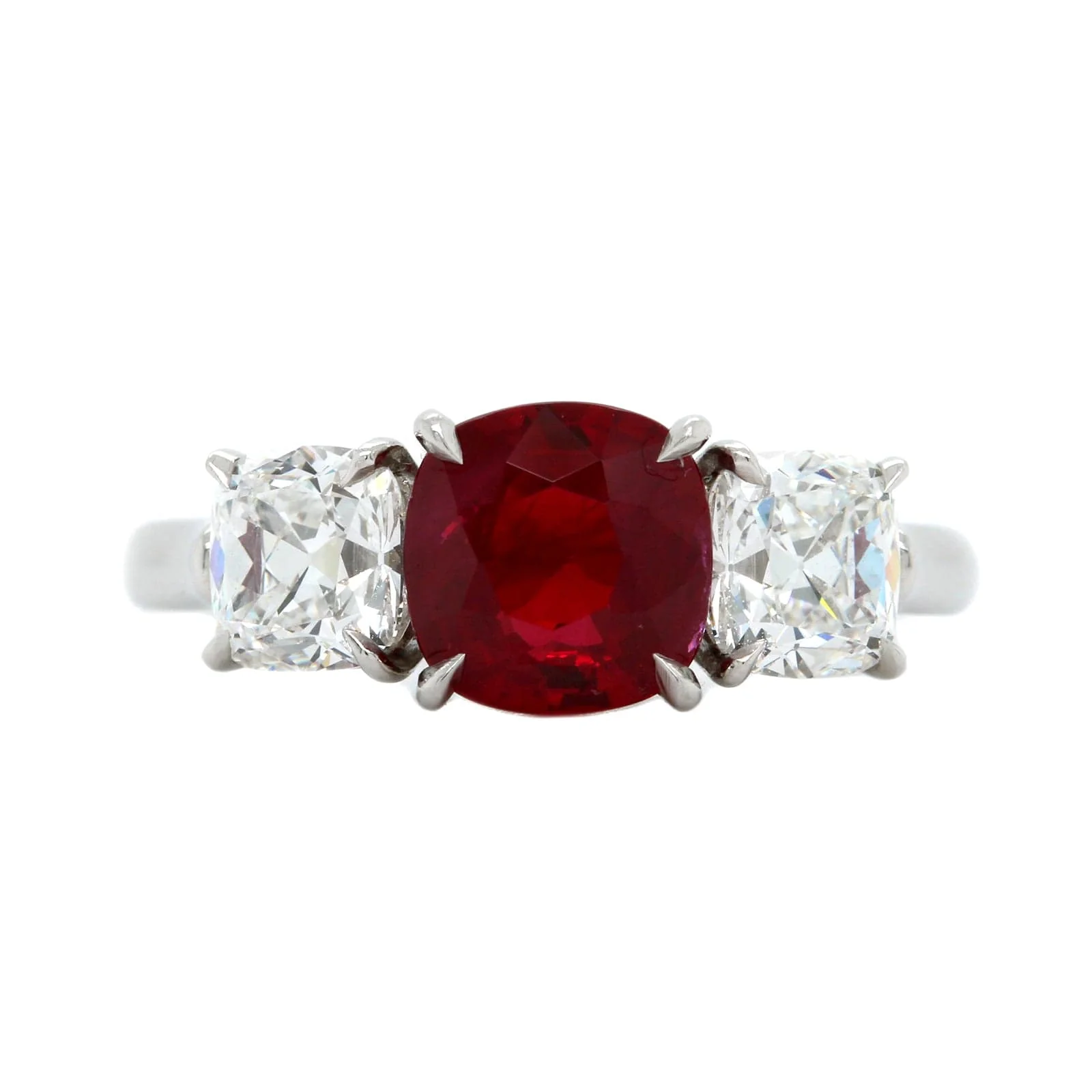 Platinum Cushion Cut Ruby and Diamond 3 Stone Ring