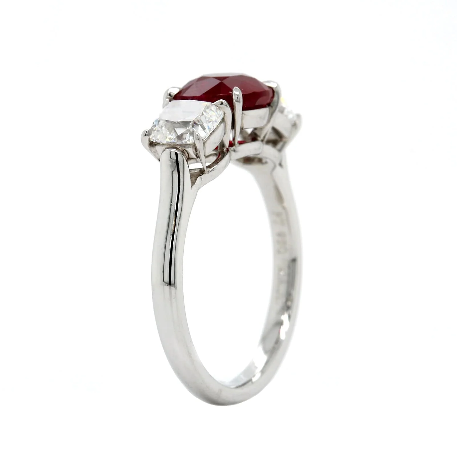 Platinum Cushion Cut Ruby and Diamond 3 Stone Ring - Image 2