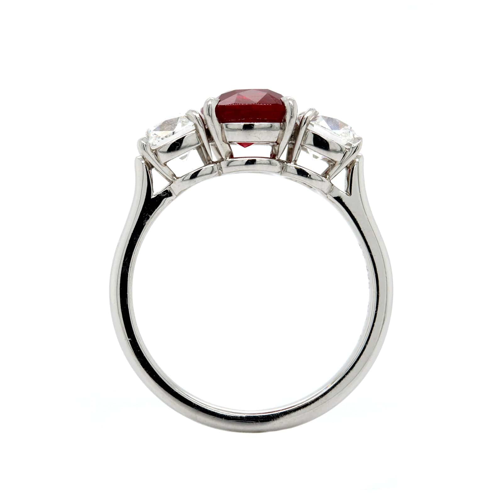 Platinum Cushion Cut Ruby and Diamond 3 Stone Ring - Image 3