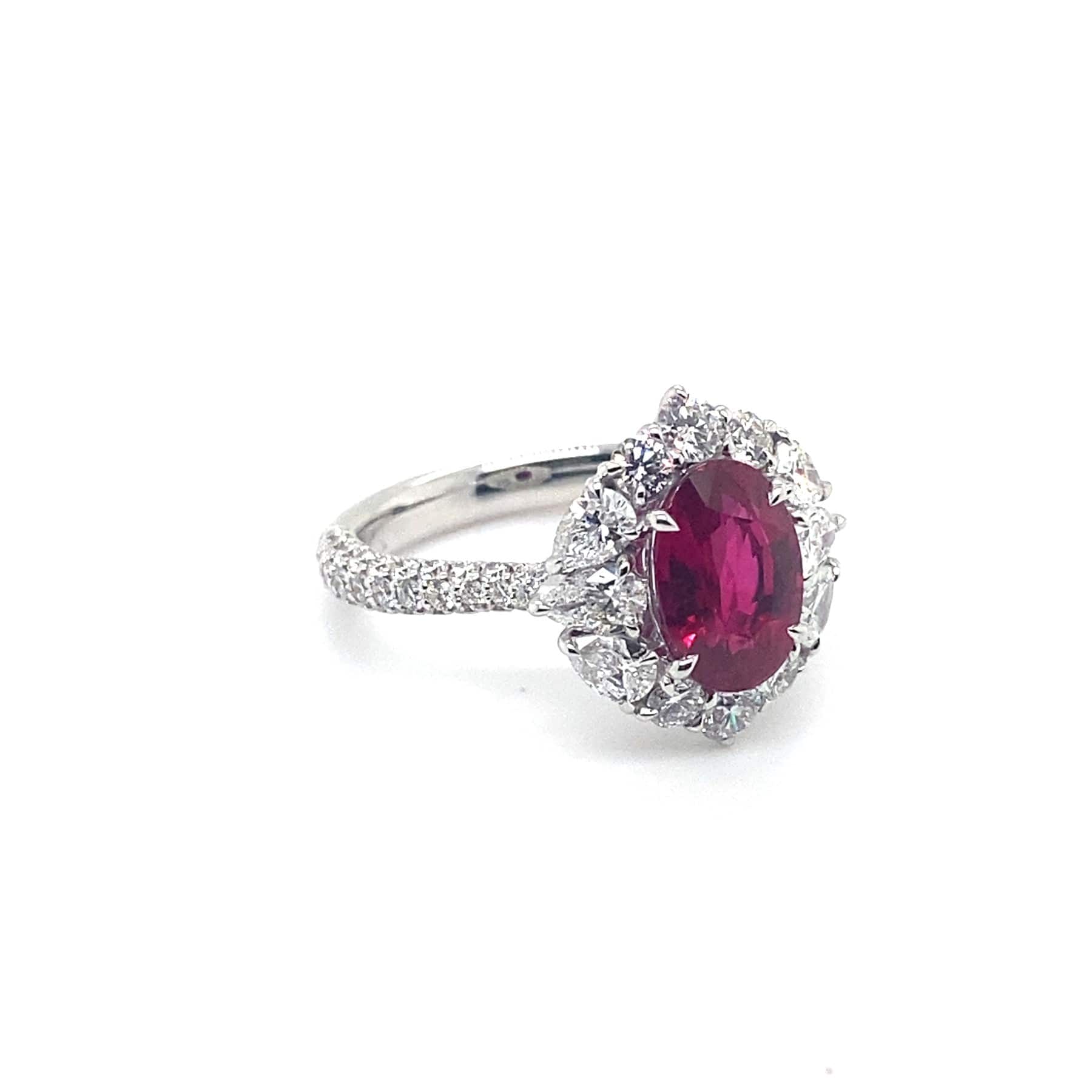 18K White Gold Oval Ruby and Diamond Halo Ring - Image 2