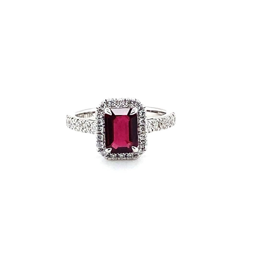 18K White Gold Emerald Ruby and Diamond Halo Ring
