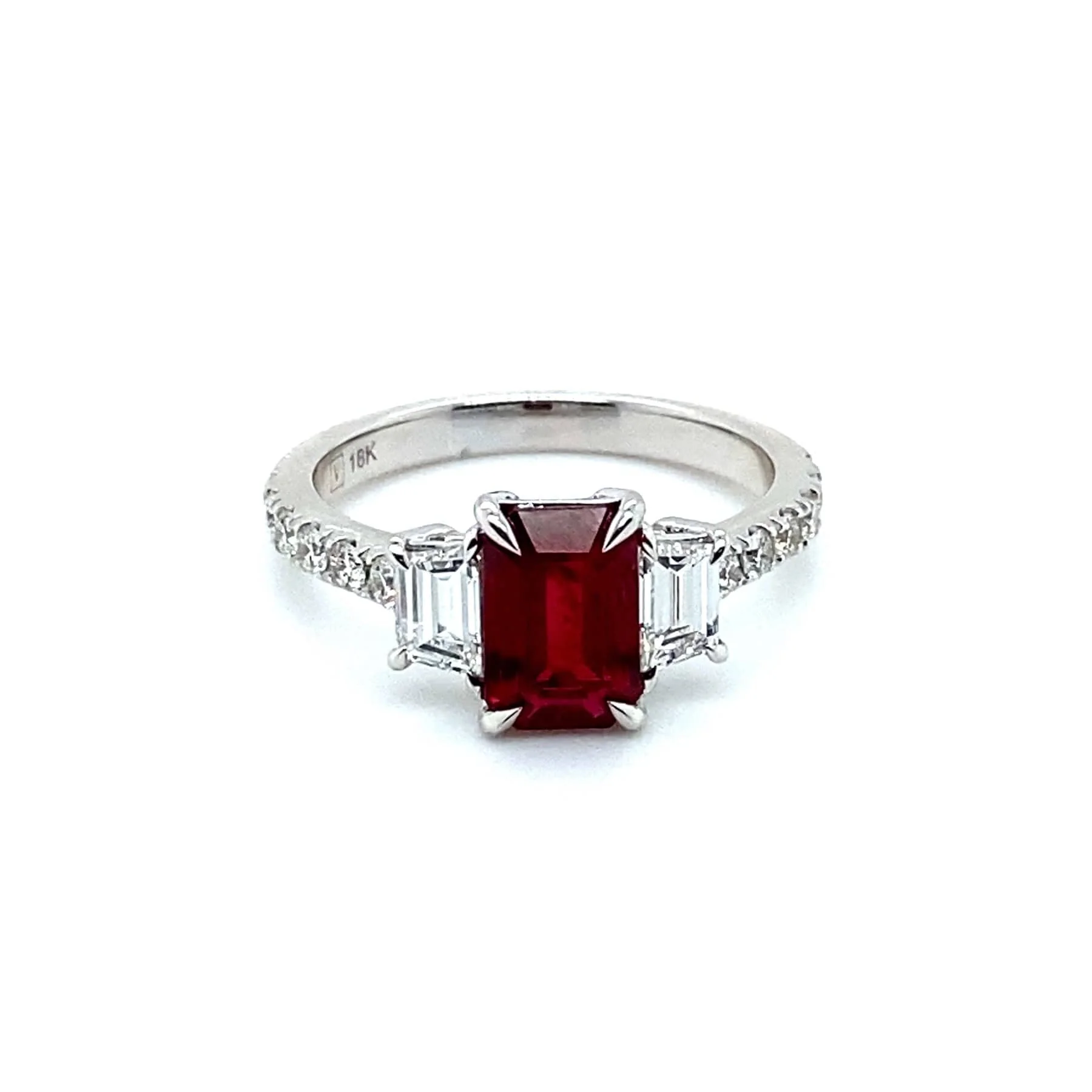 18K White Gold Emerald Ruby and Diamond 3 Stone Ring