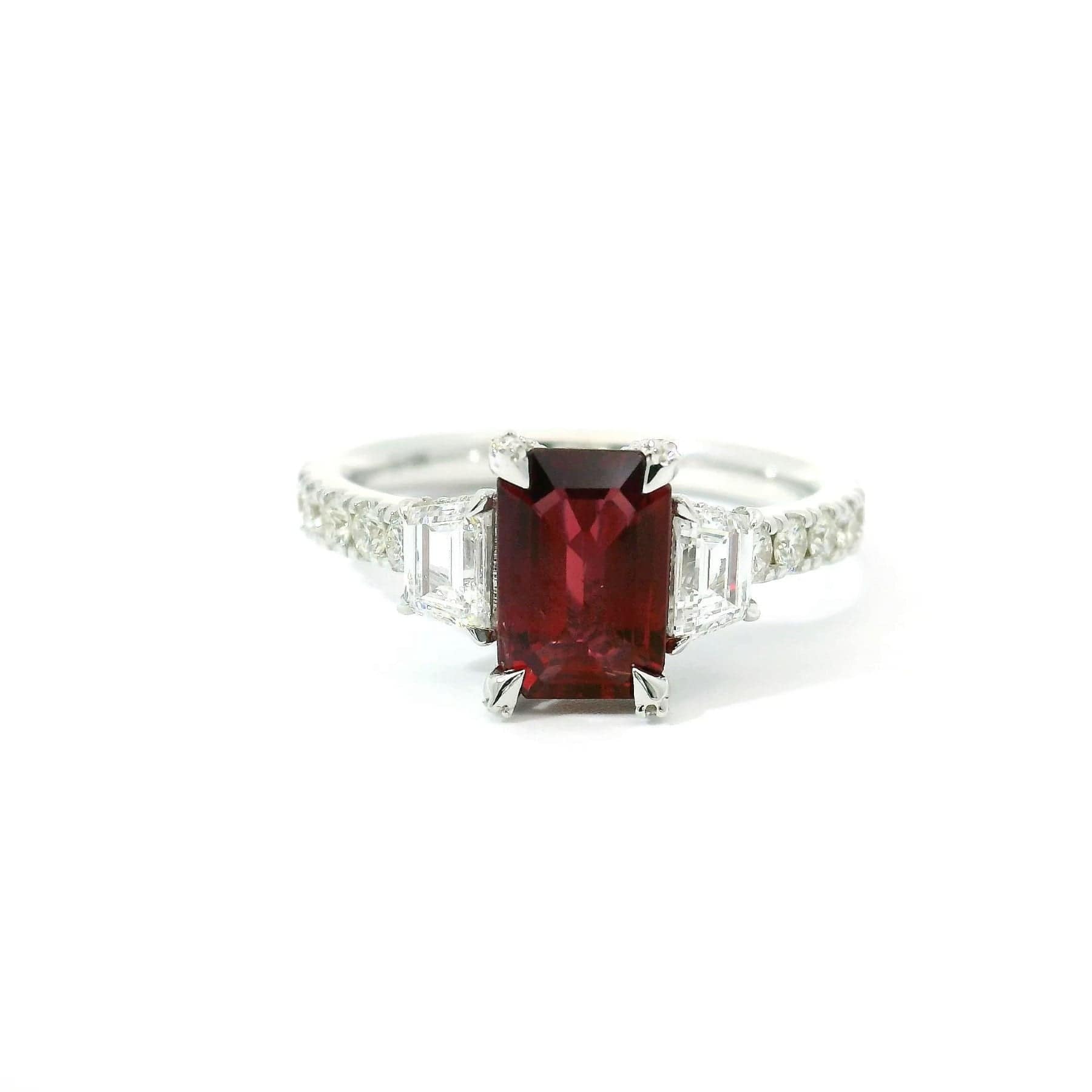 18K White Gold Emerald Ruby and Diamond 3 Stone Ring