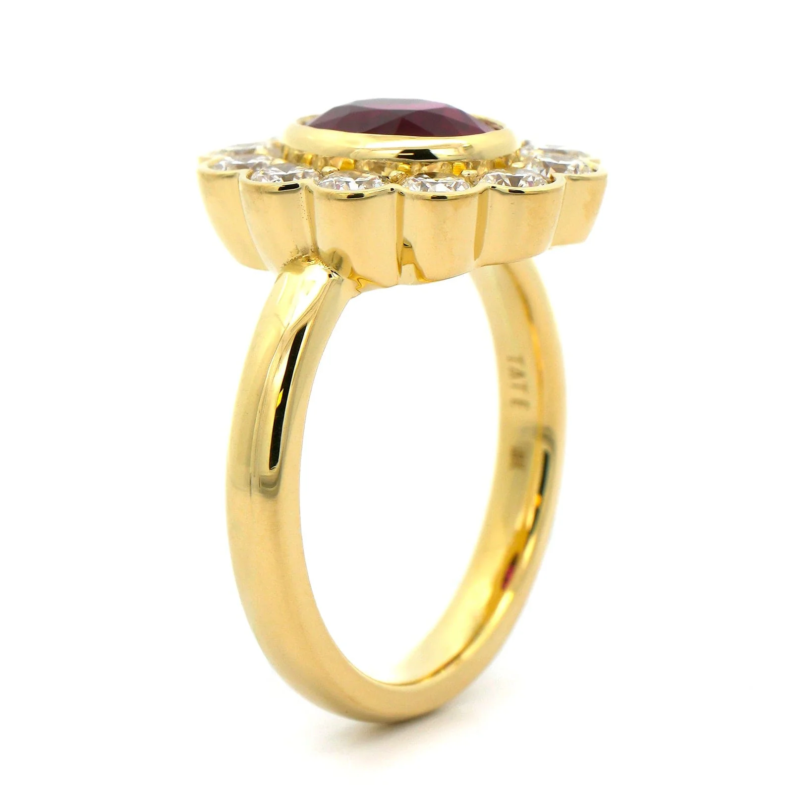 18K Yellow Gold Bezel Set Ruby and Diamond Halo Ring - Image 2