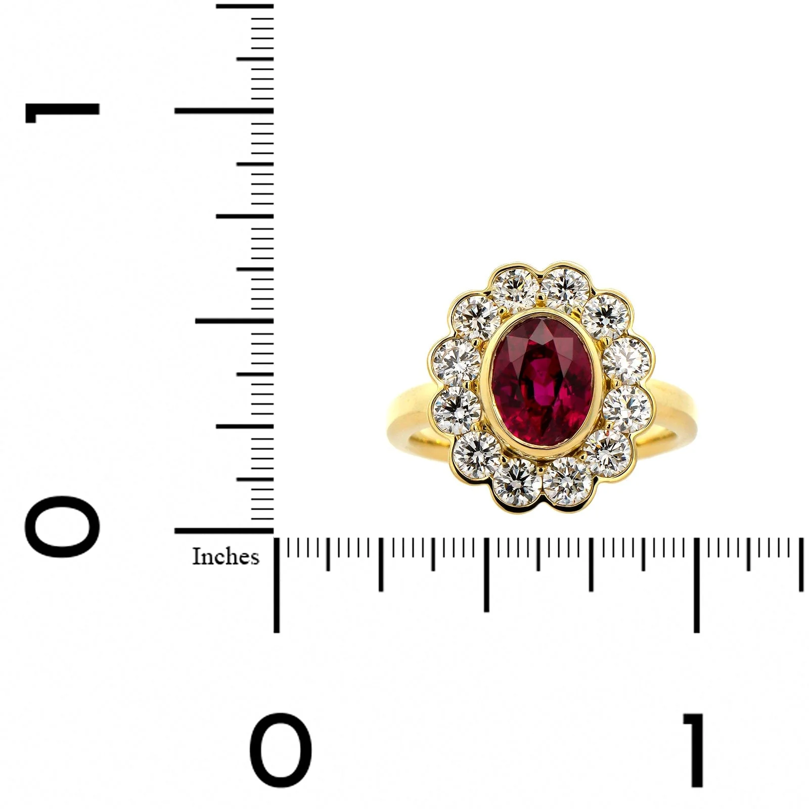 18K Yellow Gold Bezel Set Ruby and Diamond Halo Ring - Image 3