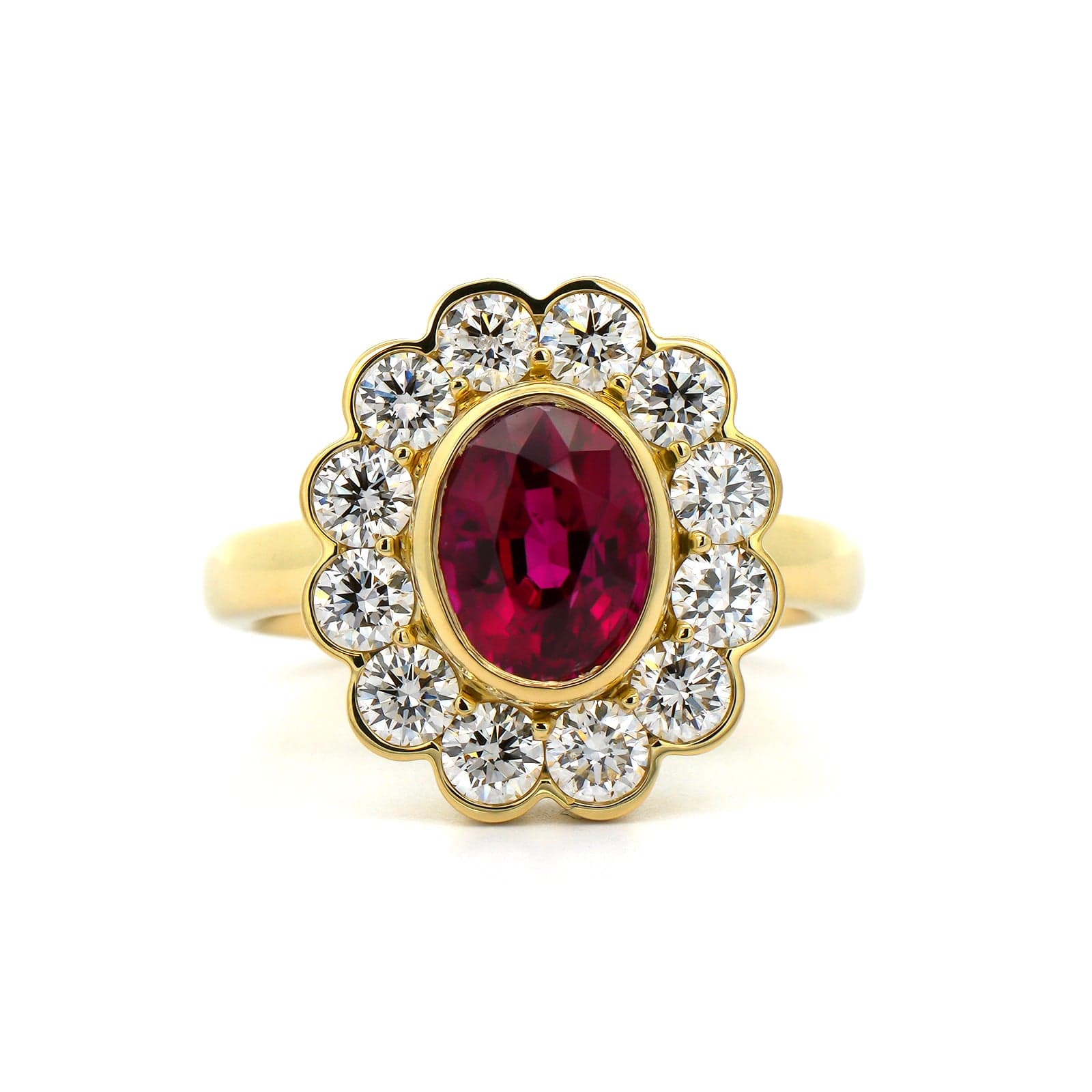 18K Yellow Gold Bezel Set Ruby and Diamond Halo Ring - Image 4