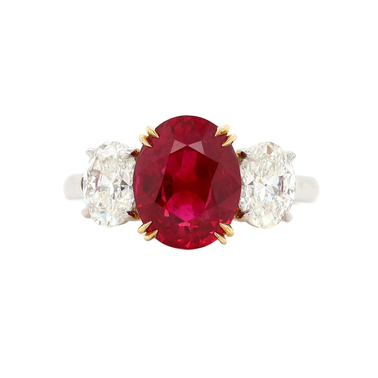 Platinum and 18K Yellow Gold Oval Ruby & Diamond Three Stone Ring