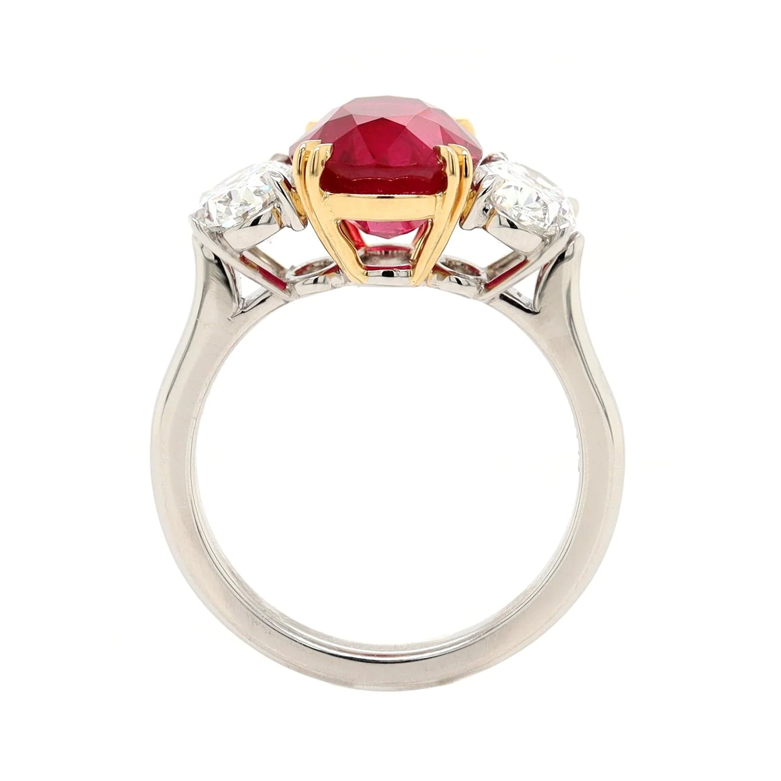 Platinum and 18K Yellow Gold Oval Ruby & Diamond Three Stone Ring - Image 3