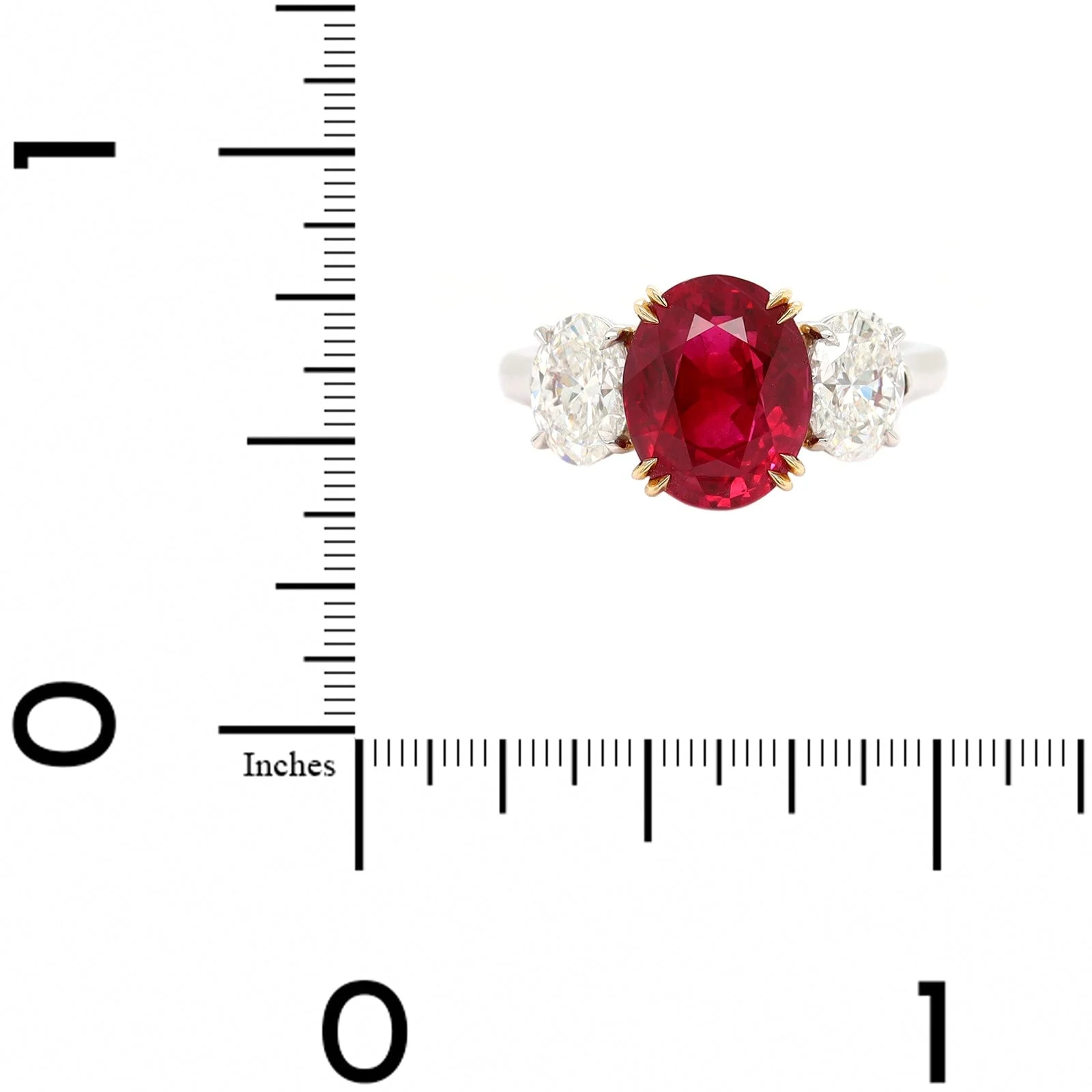 Platinum and 18K Yellow Gold Oval Ruby & Diamond Three Stone Ring - Image 4