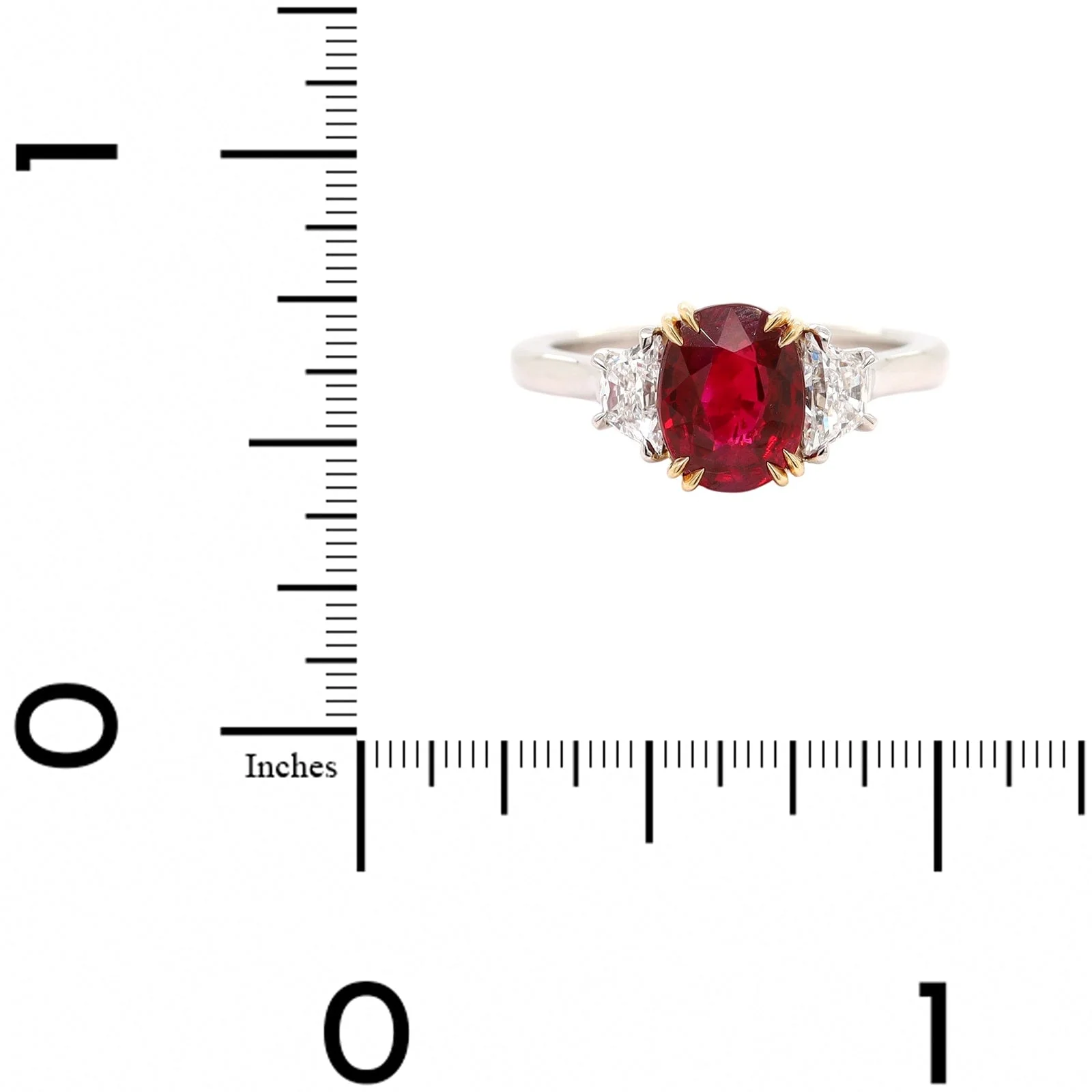 Platinum and 18K Yellow Gold Oval Ruby & Trap Cut Diamond Three Stone Ring - Image 4