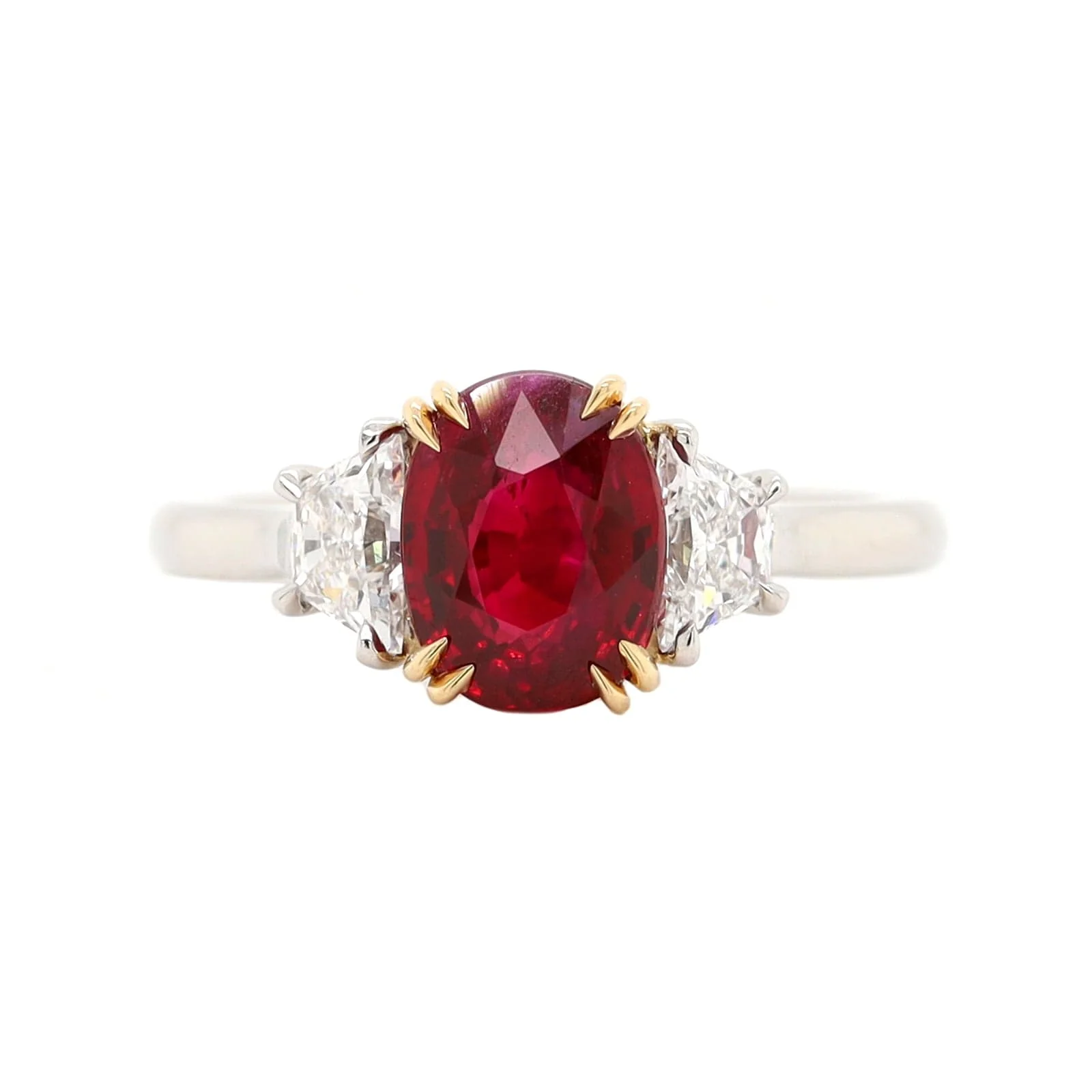 Platinum and 18K Yellow Gold Oval Ruby & Trap Cut Diamond Three Stone Ring - Image 5
