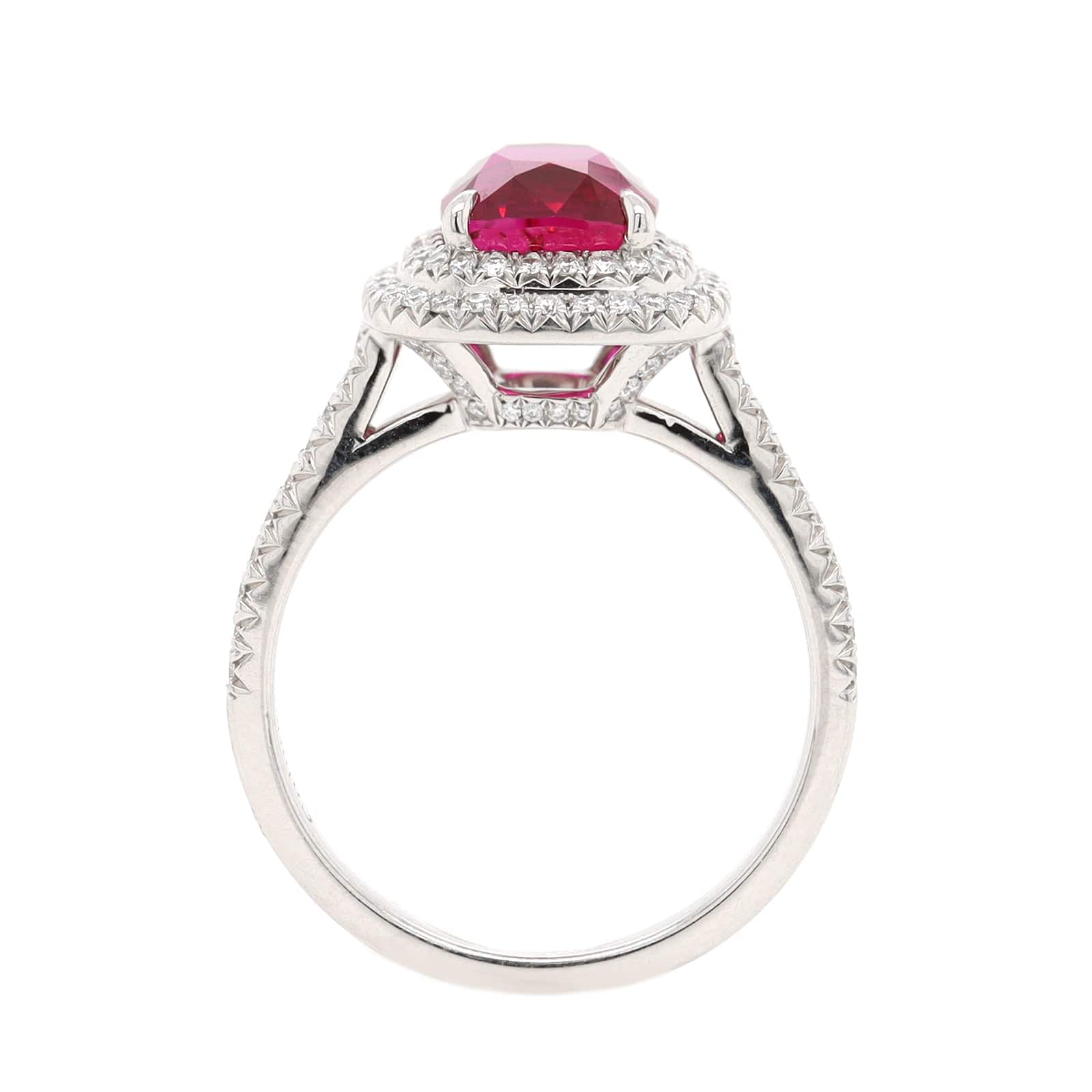 Platinum Cushion Cut Ruby and Diamond Halo Ring - Image 3