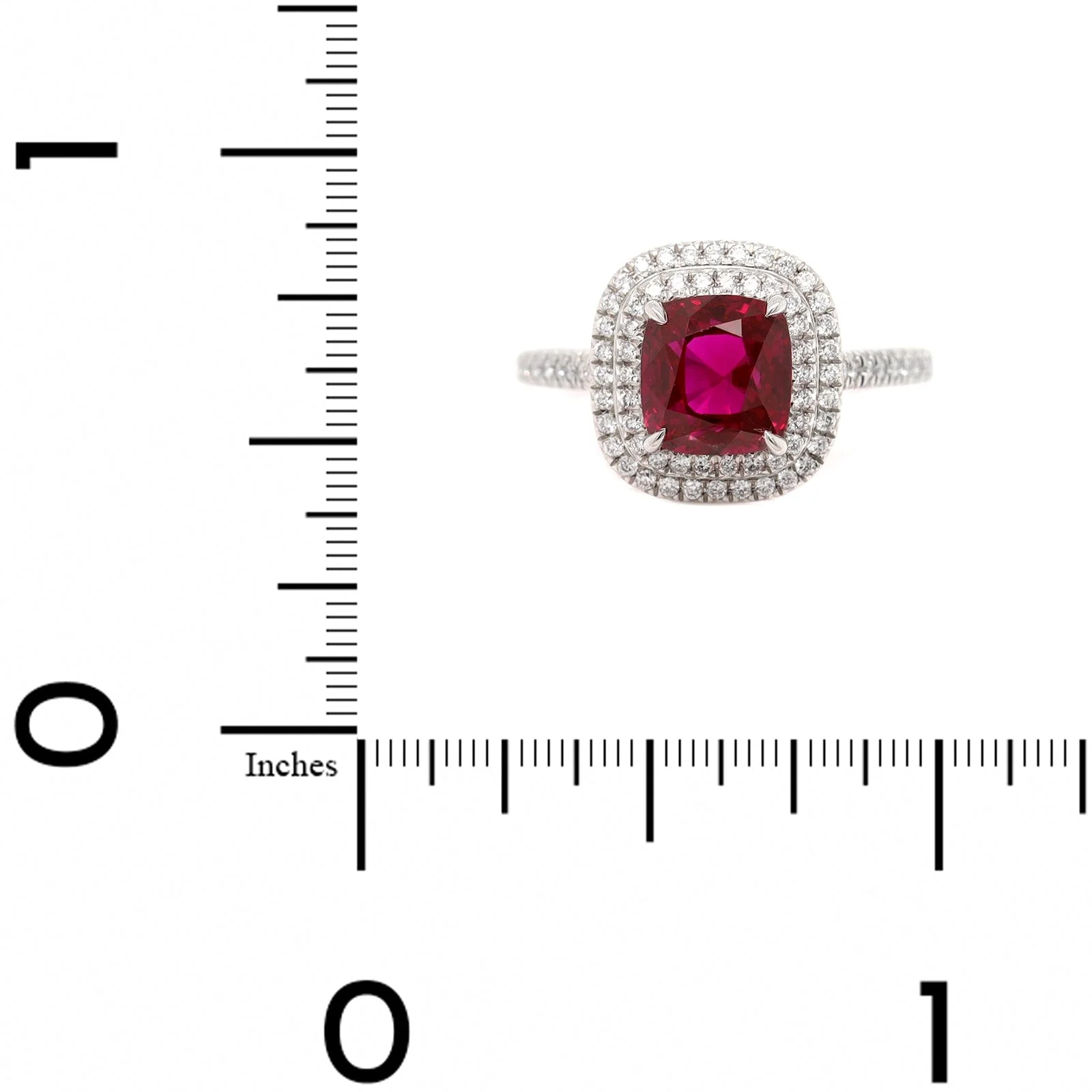 Platinum Cushion Cut Ruby and Diamond Halo Ring - Image 4