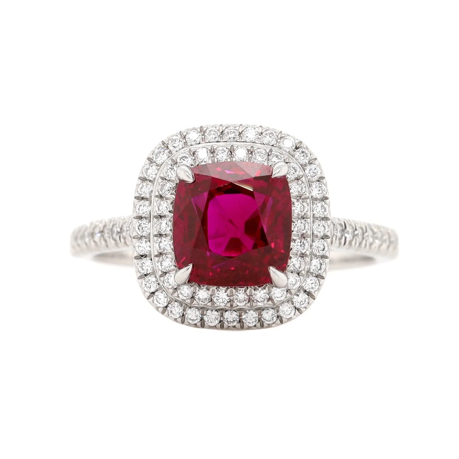 Platinum Cushion Cut Ruby and Diamond Halo Ring - Image 5