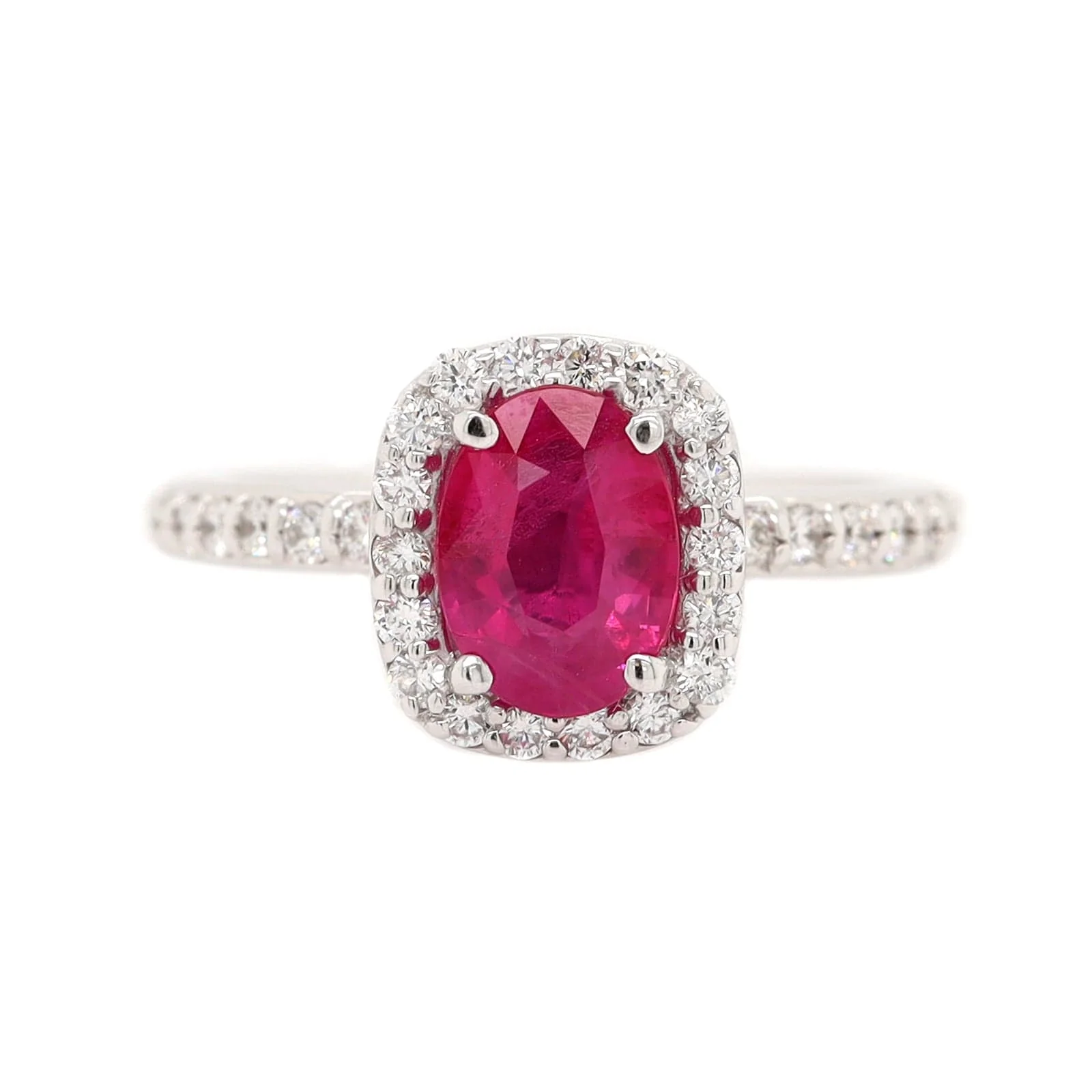 18K White Gold Oval Ruby and Diamond Halo Ring