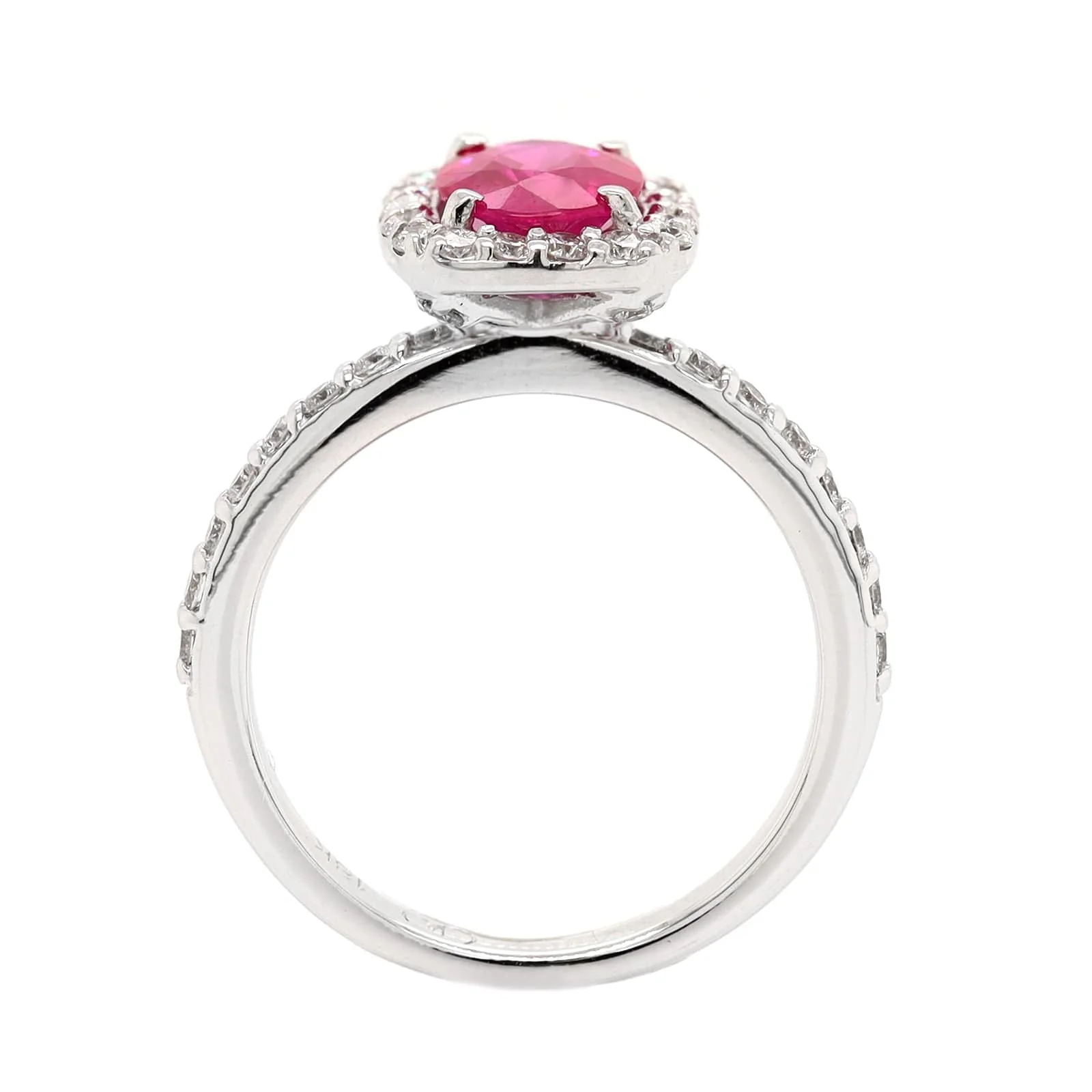 18K White Gold Oval Ruby and Diamond Halo Ring - Image 3