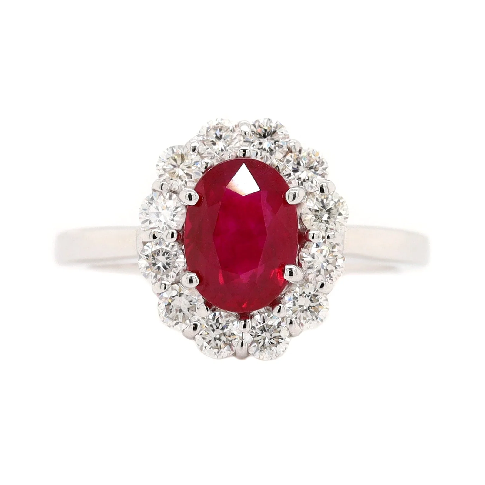 18K White Gold Oval Ruby and Diamond Halo Ring