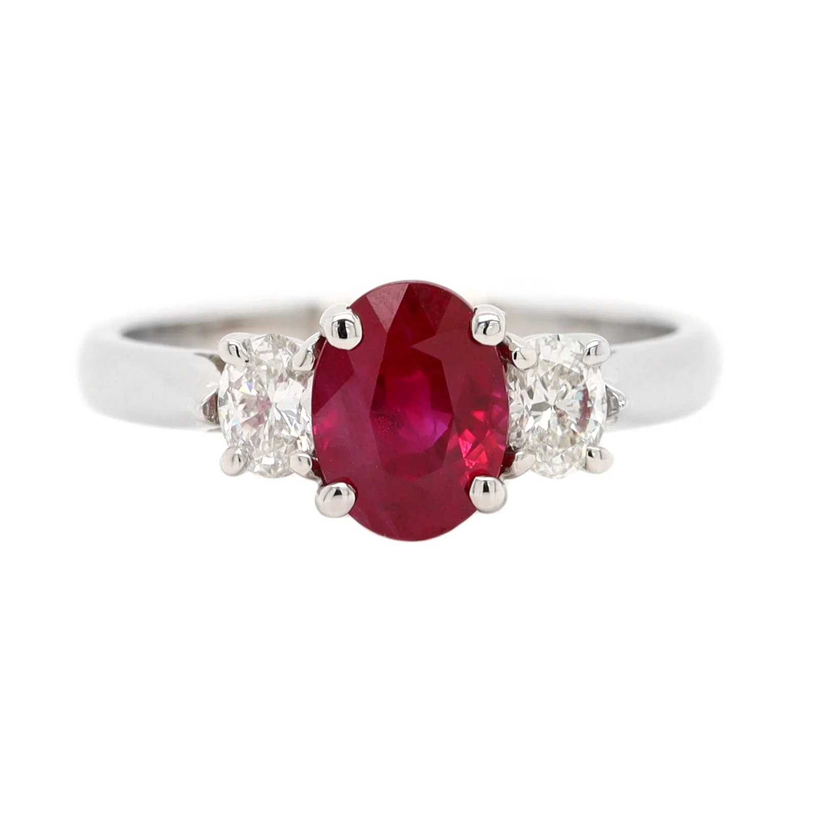 Platinum 3 Stone Oval Ruby and Diamond Ring
