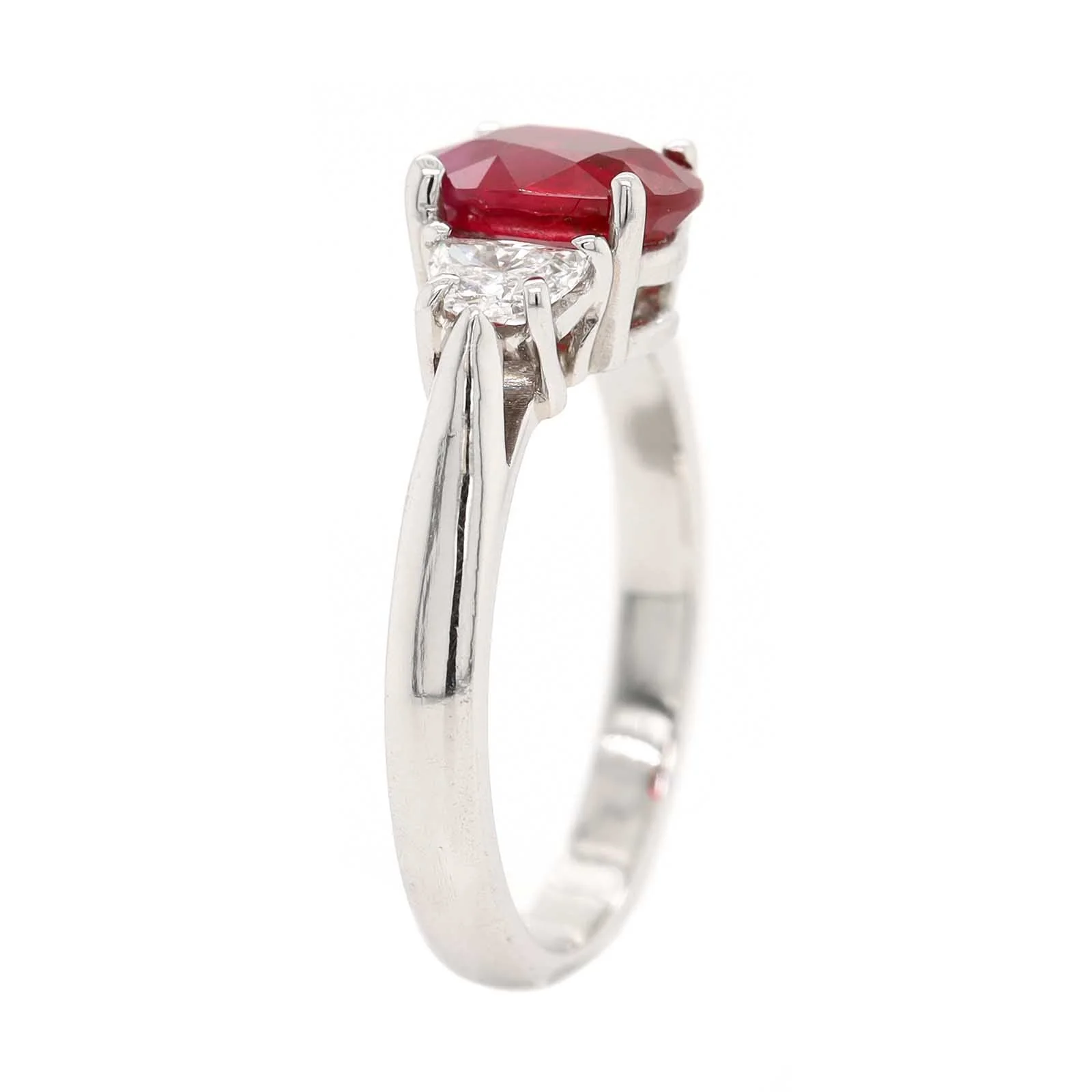 Platinum 3 Stone Oval Ruby and Half Moon Diamond Ring - Image 2
