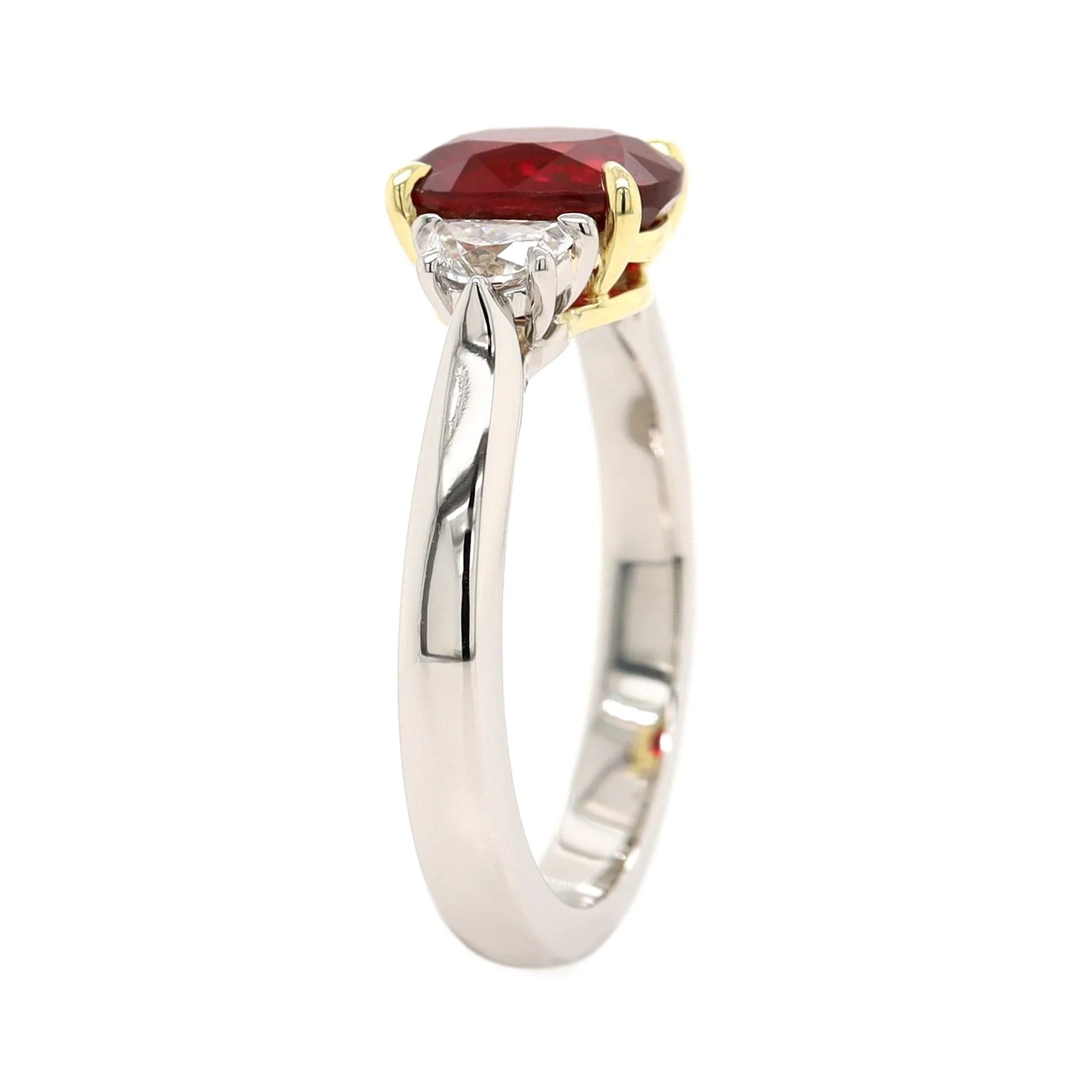 Platinum Three Stone Oval Shaped Ruby and Diamond Ring - Image 2